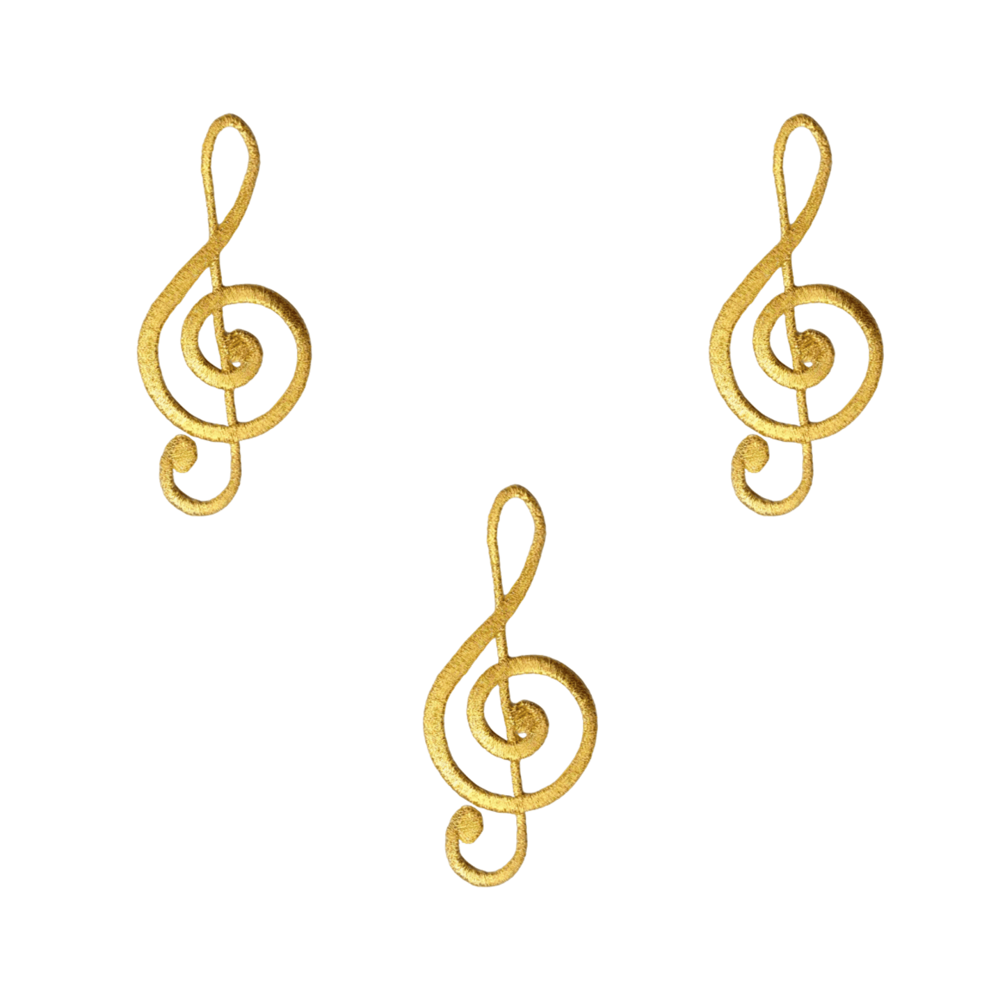 The Laughing Lizards Metallic Gold Treble Clef (3-Pack) Iron On Patch: Large features three gold embroidered patches, perfect for adding a stylish musical touch to your favorite gear.