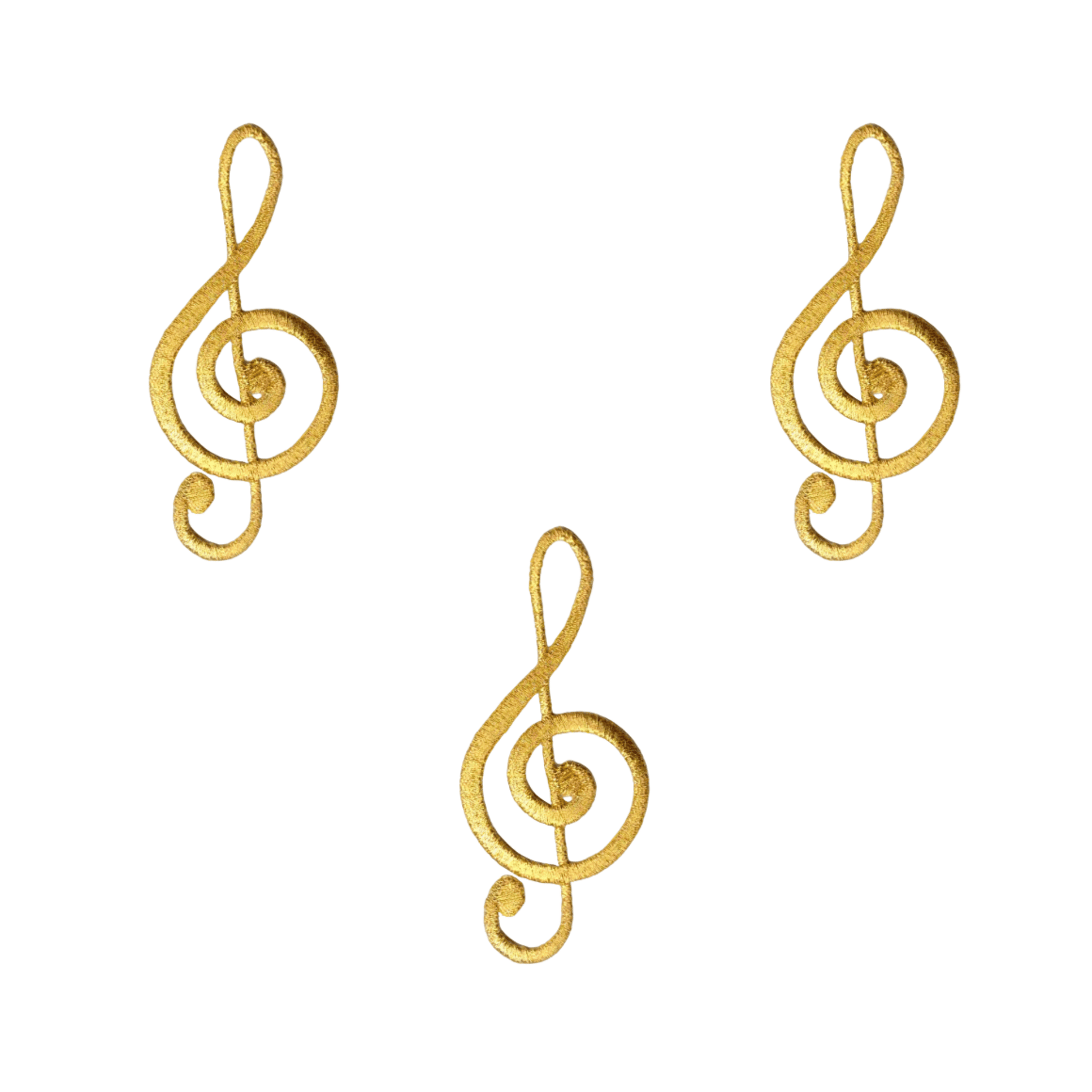The Laughing Lizards Metallic Gold Treble Clef (3-Pack) Iron On Patch: Large features three gold embroidered patches, perfect for adding a stylish musical touch to your favorite gear.