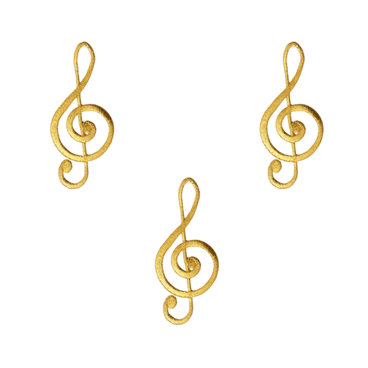 The Laughing Lizards Metallic Gold Treble Clef (3-Pack) Iron On Patch: Large features three gold embroidered patches, perfect for adding a stylish musical touch to your favorite gear.