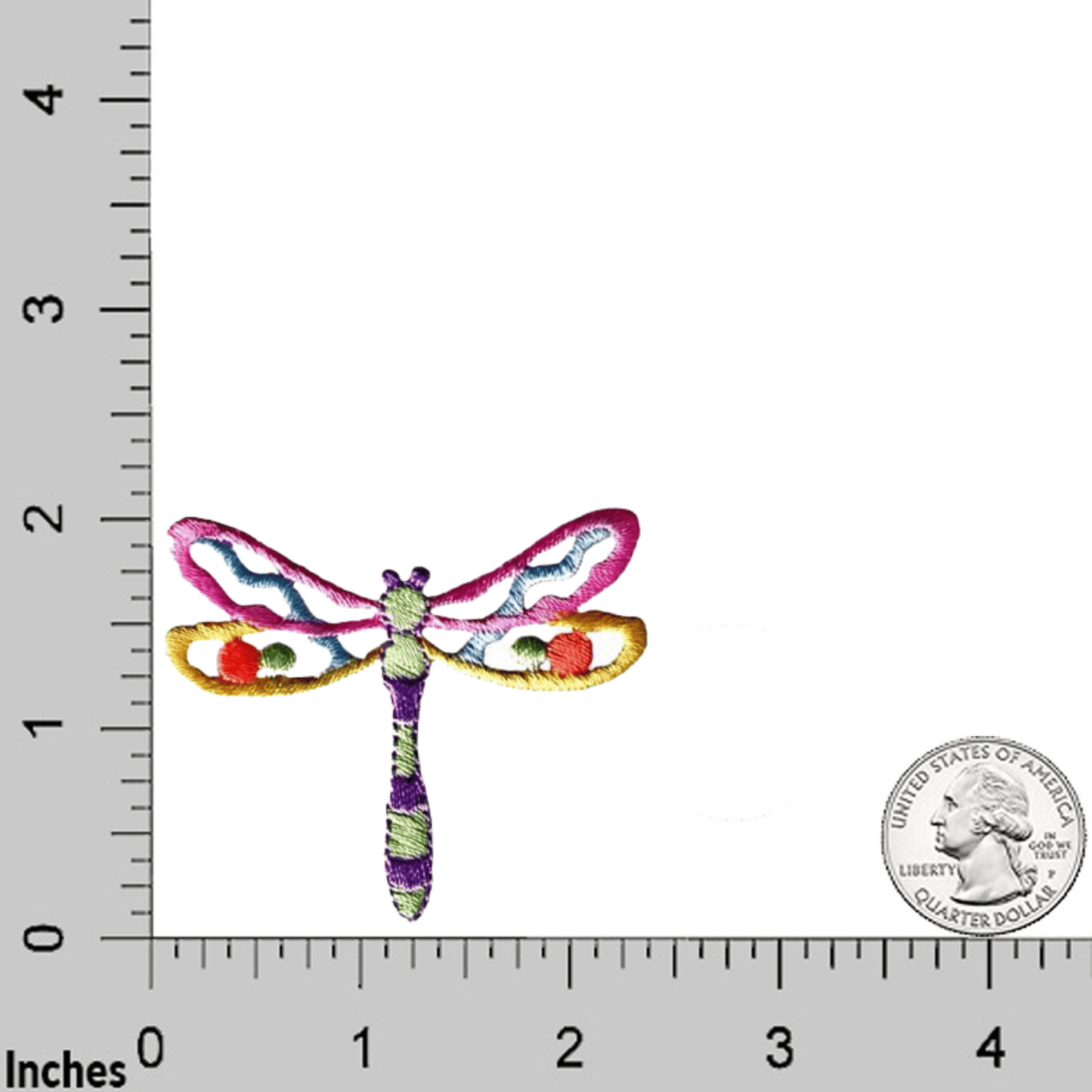 Dragonfly Patches (3 Pack) Insect Embroidered Iron On Patch Appliques are shown next to a ruler.