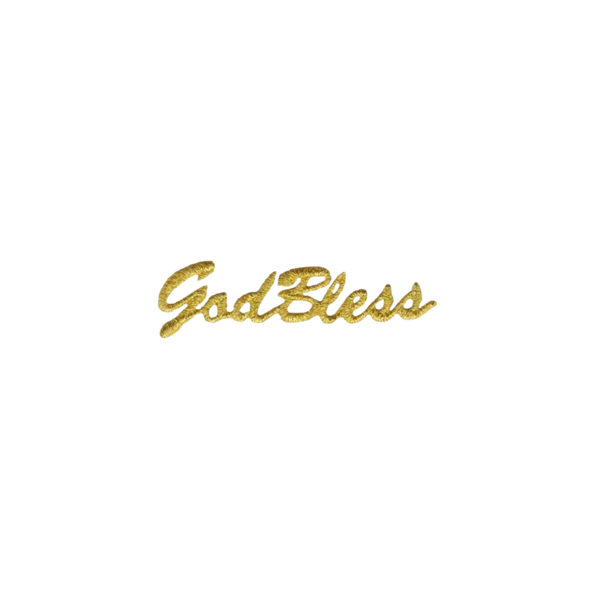 The image features "God Bless" in gold cursive on white, representing Laughing Lizards’ God Bless in Metallic Gold Iron On Patch (4-Pack), ideal for religious appliques.