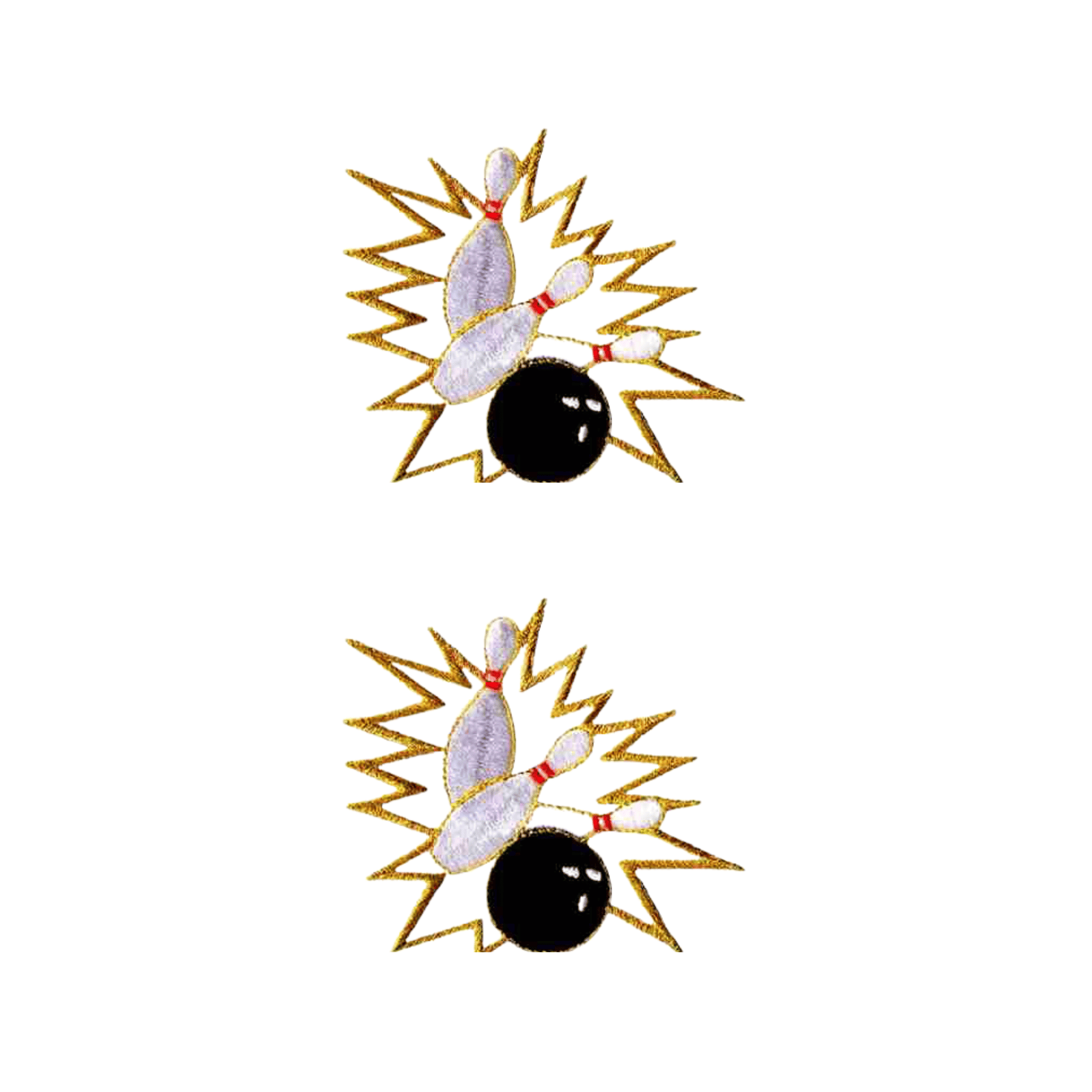 A pair of Bowling Patches (2-Pack) Sport Embroidered Iron On Patch Appliques with a black ball in the middle.