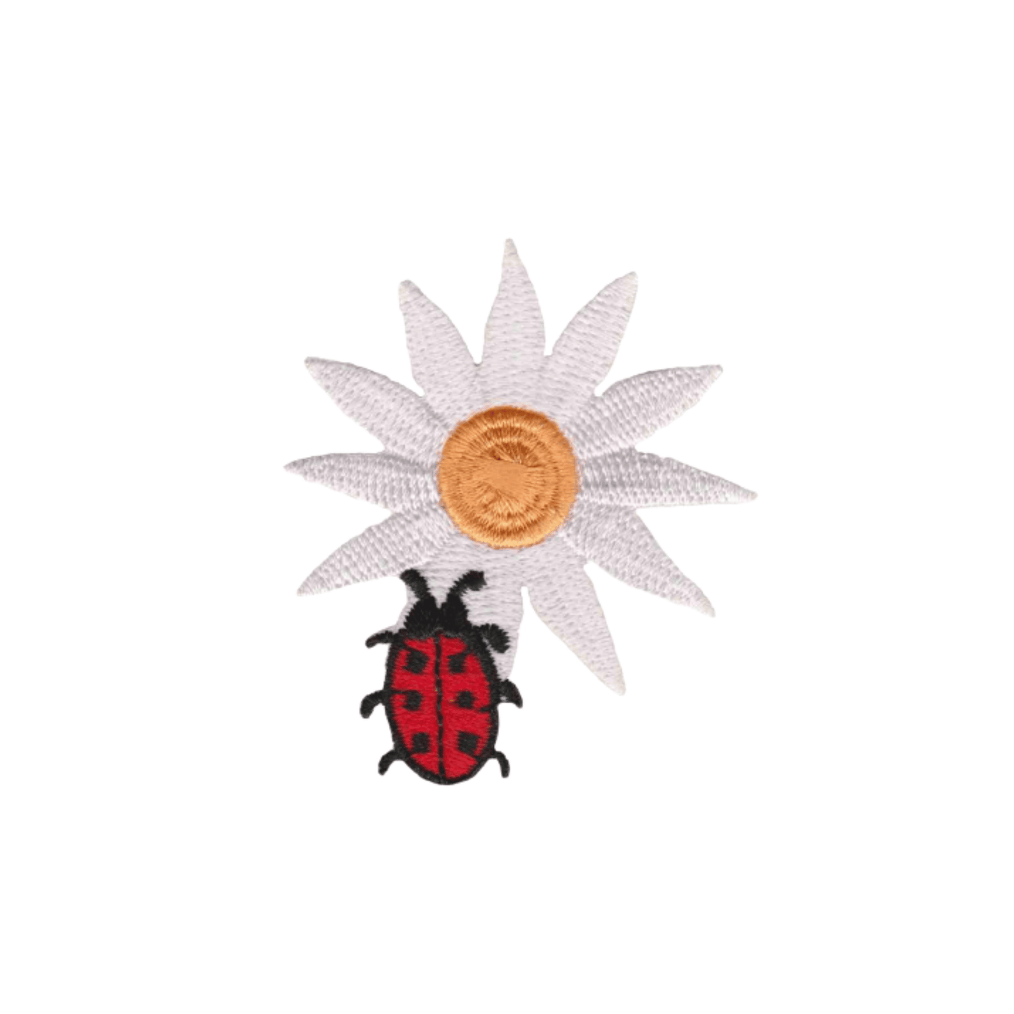 The Laughing Lizards Daisy with Ladybug (3-Pack) Iron On Patch features a white daisy, yellow center, and a ladybug with black spots—ideal for adding nature-inspired flair to your DIY crafts or appliques.