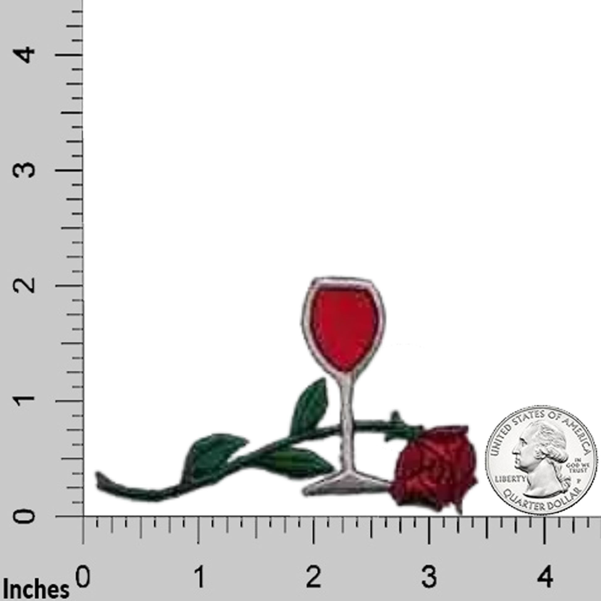 The LaughingLizards Red Wine Glass with Rose Iron On Patch (3-Pack) is pictured next to a U.S. quarter, with a ruler in inches for size reference.