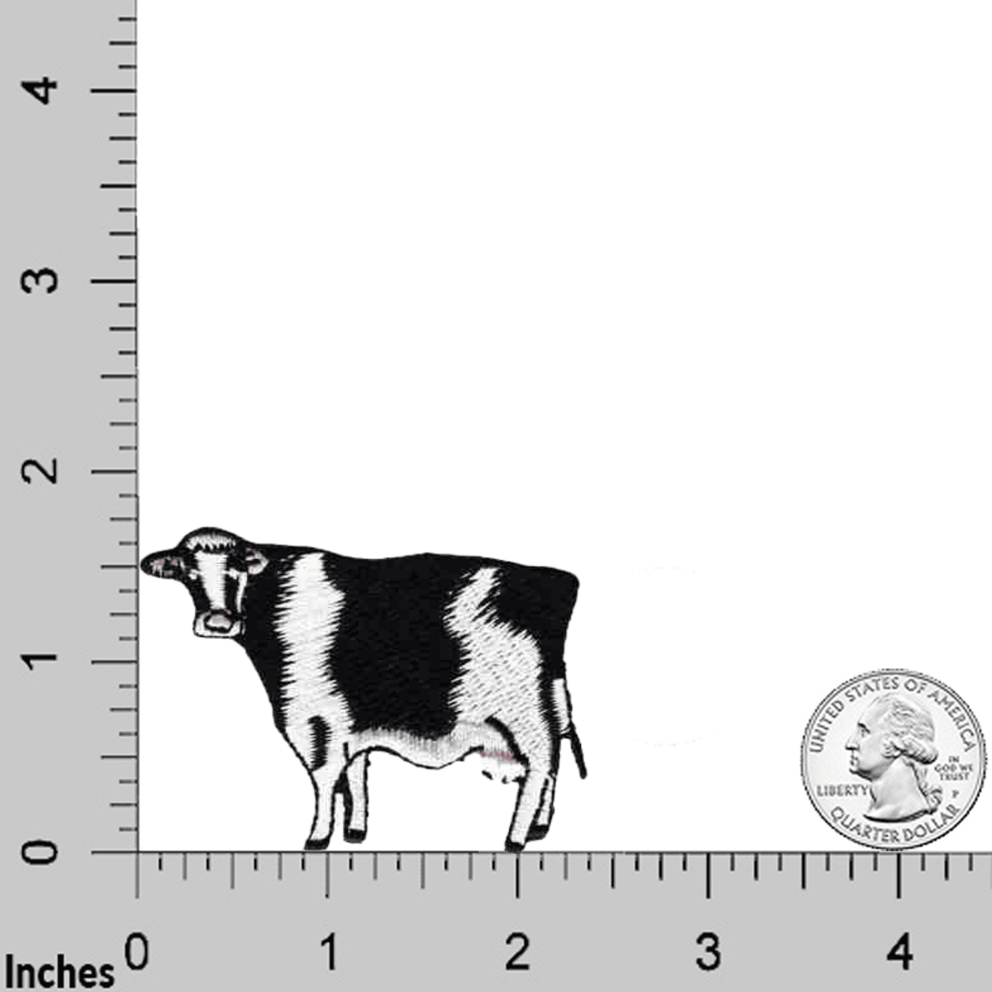 A black and white Cow Patches (3-Pack) Farm Animal Embroidered Iron on Patch Appliques standing next to a ruler.