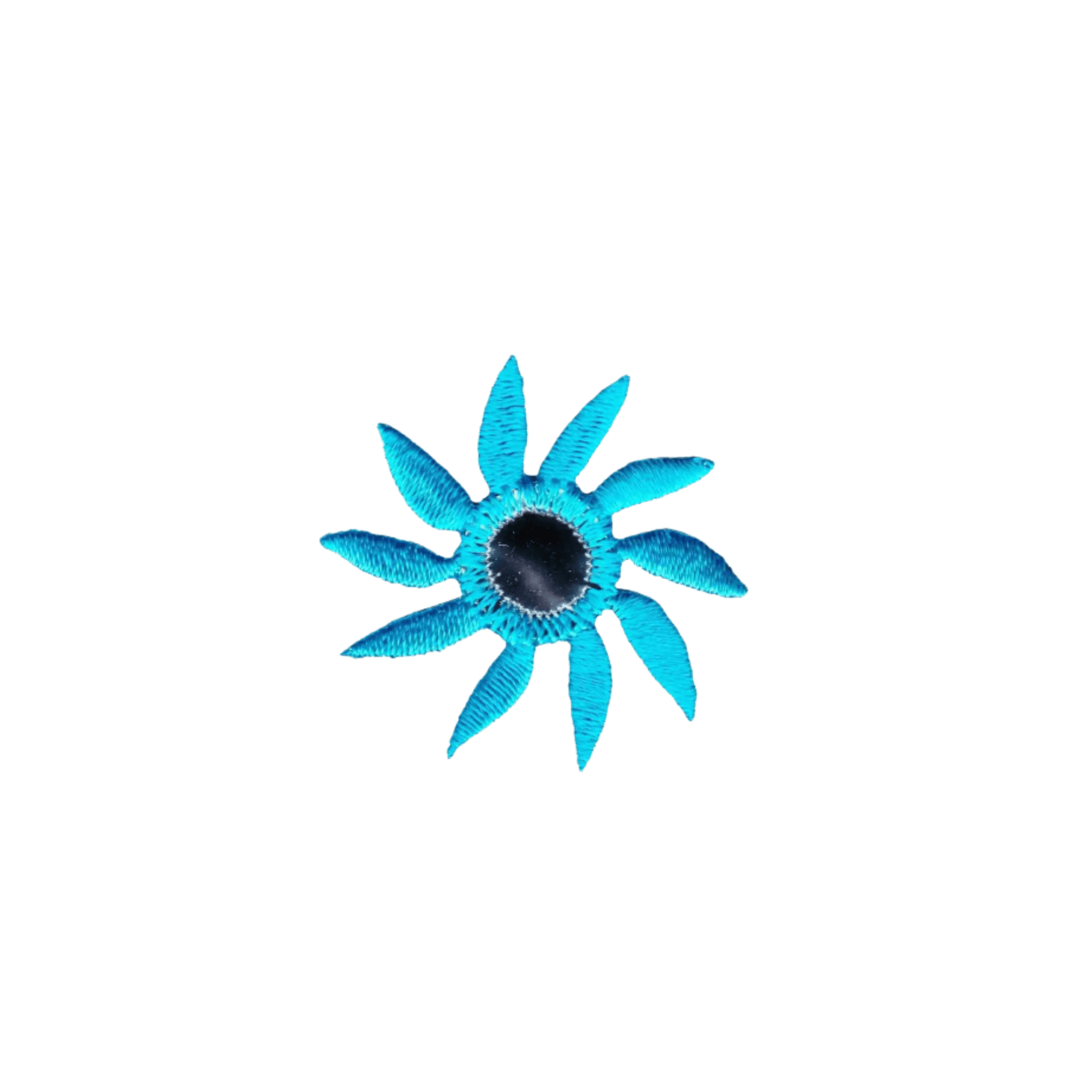 The Mirrored Pinwheel Flower (4-Pack) Iron On Patch - Blue by Laughing Lizards features small, embroidered blue flowers with black centers on white—ideal for handmade craft projects.
