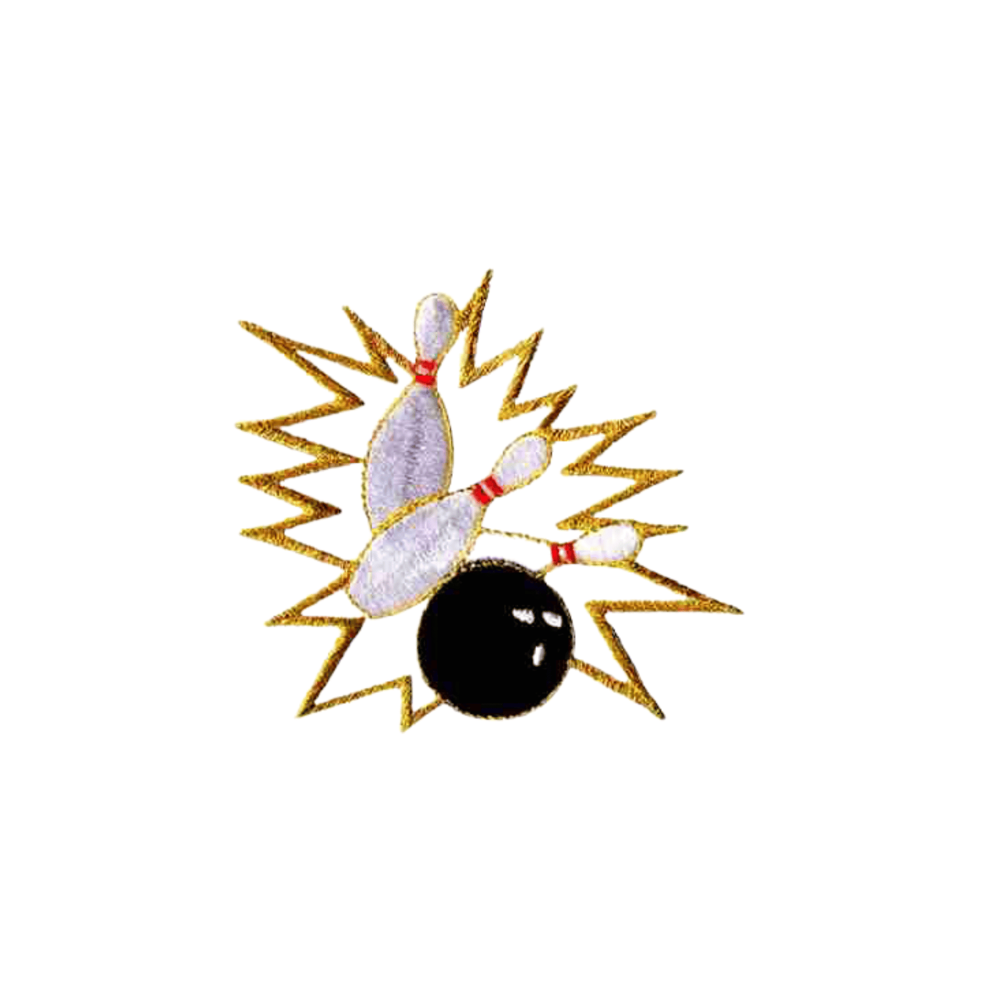 A Bowling Patches (2-Pack) Sport Embroidered Iron On Patch Applique and bowling ball on a white background.