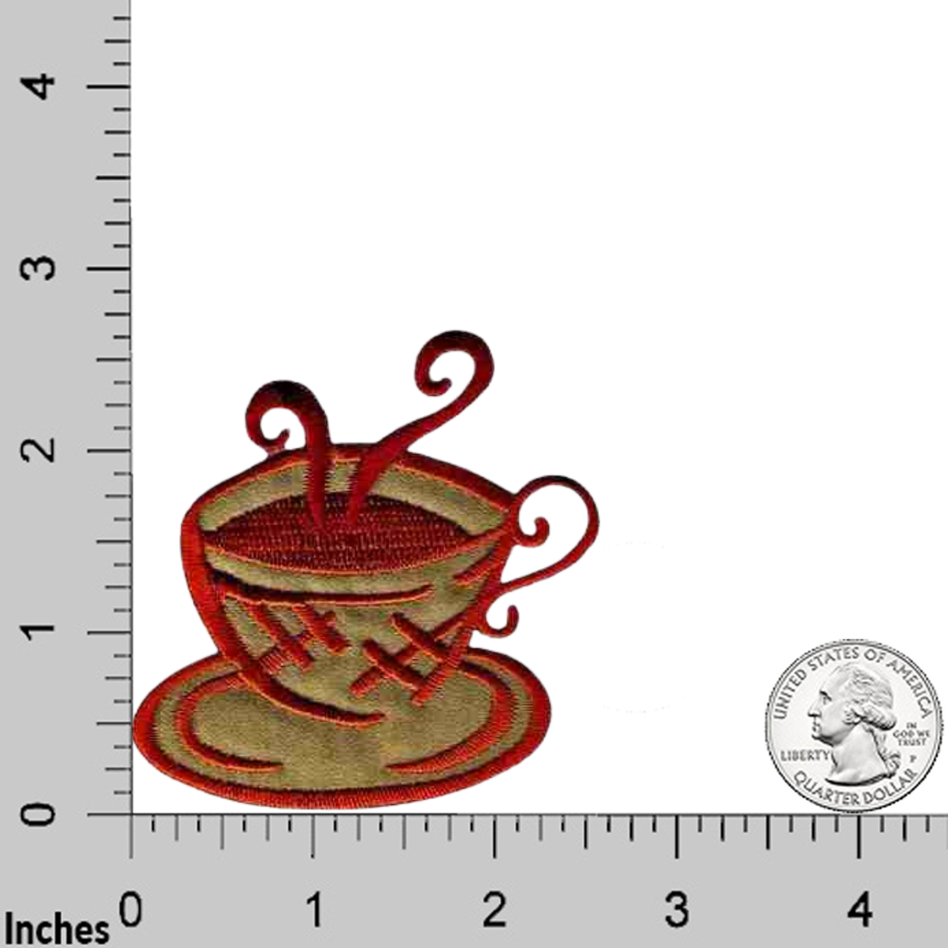 LaughingLizards Steaming Brown Coffee Cup & Saucer Iron On Patches (3-Pack): embroidered design with a teacup, saucer, and steam. Shown beside a US quarter and inch ruler for size. Great for DIY crafts and easy to apply.