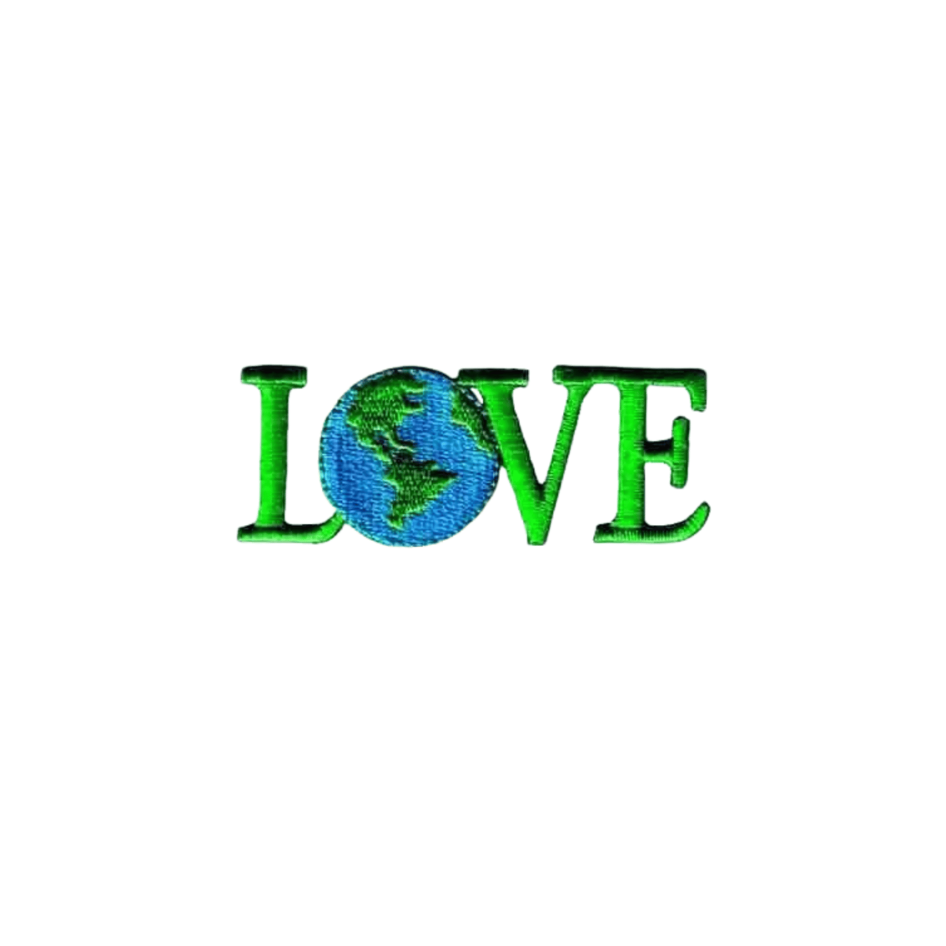 The LOVE Earth (3-Pack) Environmental Iron On Patch by Laughing Lizards features the word "LOVE" in green, with the "O" as a globe showing North and South America, on a white background.