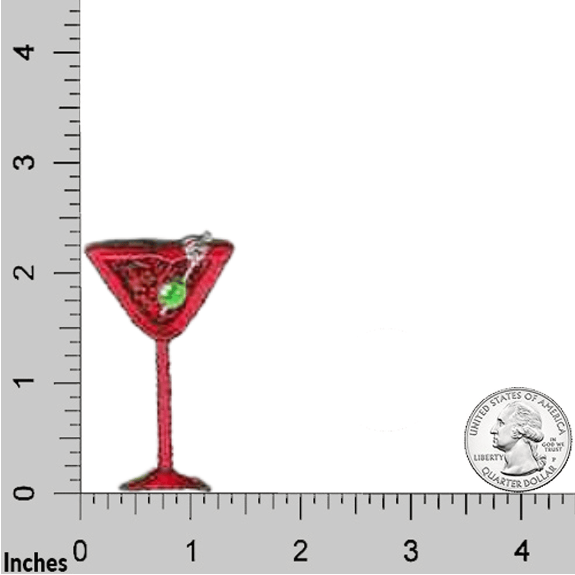The Laughing Lizards Red Martini and Olive Beverage Iron On Patch (5-Pack) is displayed next to a U.S. quarter on an inch-marked grid for size reference.