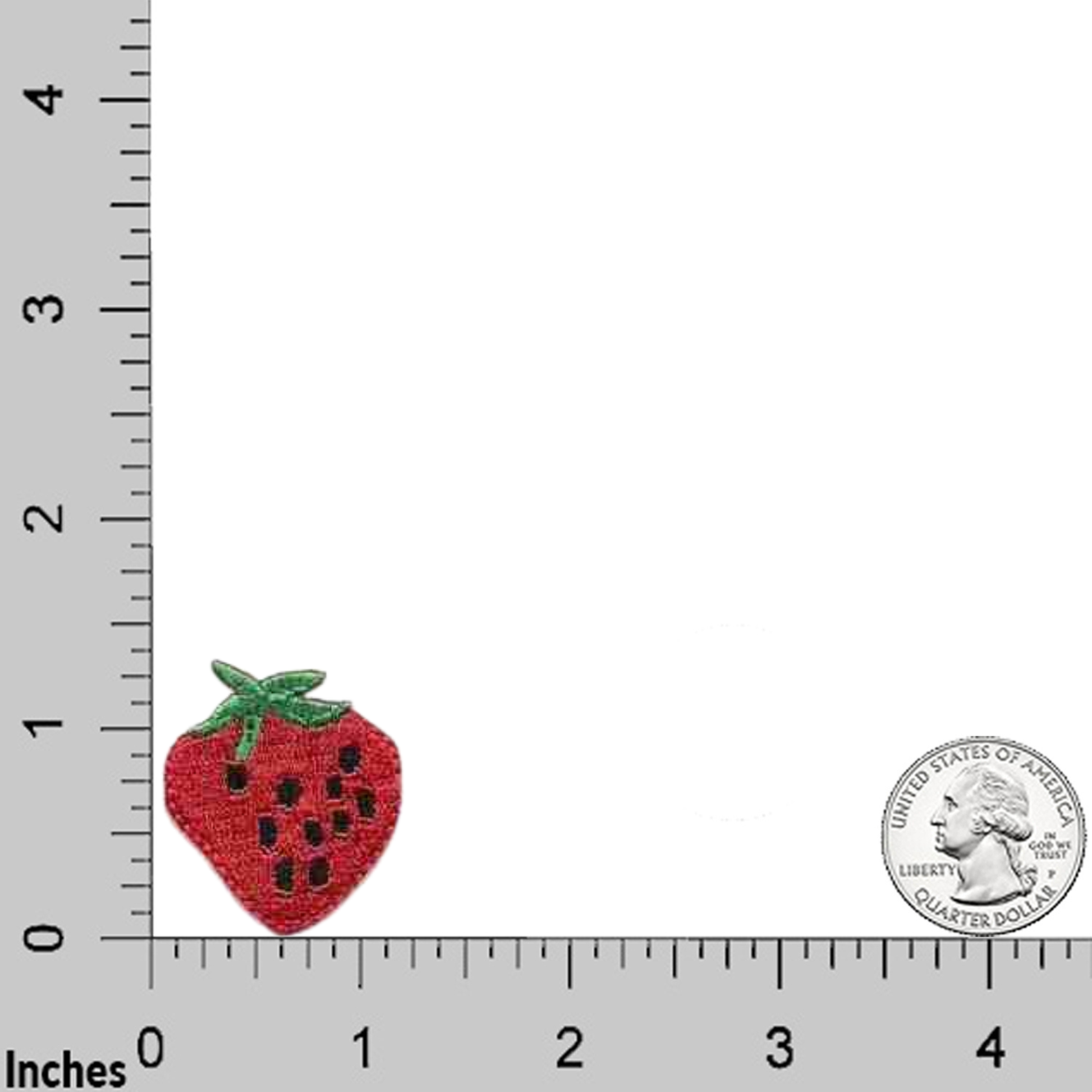 The Laughing Lizards Strawberry (5-Pack) Iron On Patch, medium size, is shown next to a U.S. quarter on a grid with inch measurements for scale.