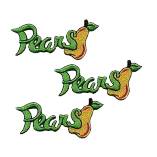 The Pears Script Fruit (3-Pack) Iron On Patch by LaughingLizards features "Pears" in green and yellow script, with a pear fruit illustration integrated into the text.