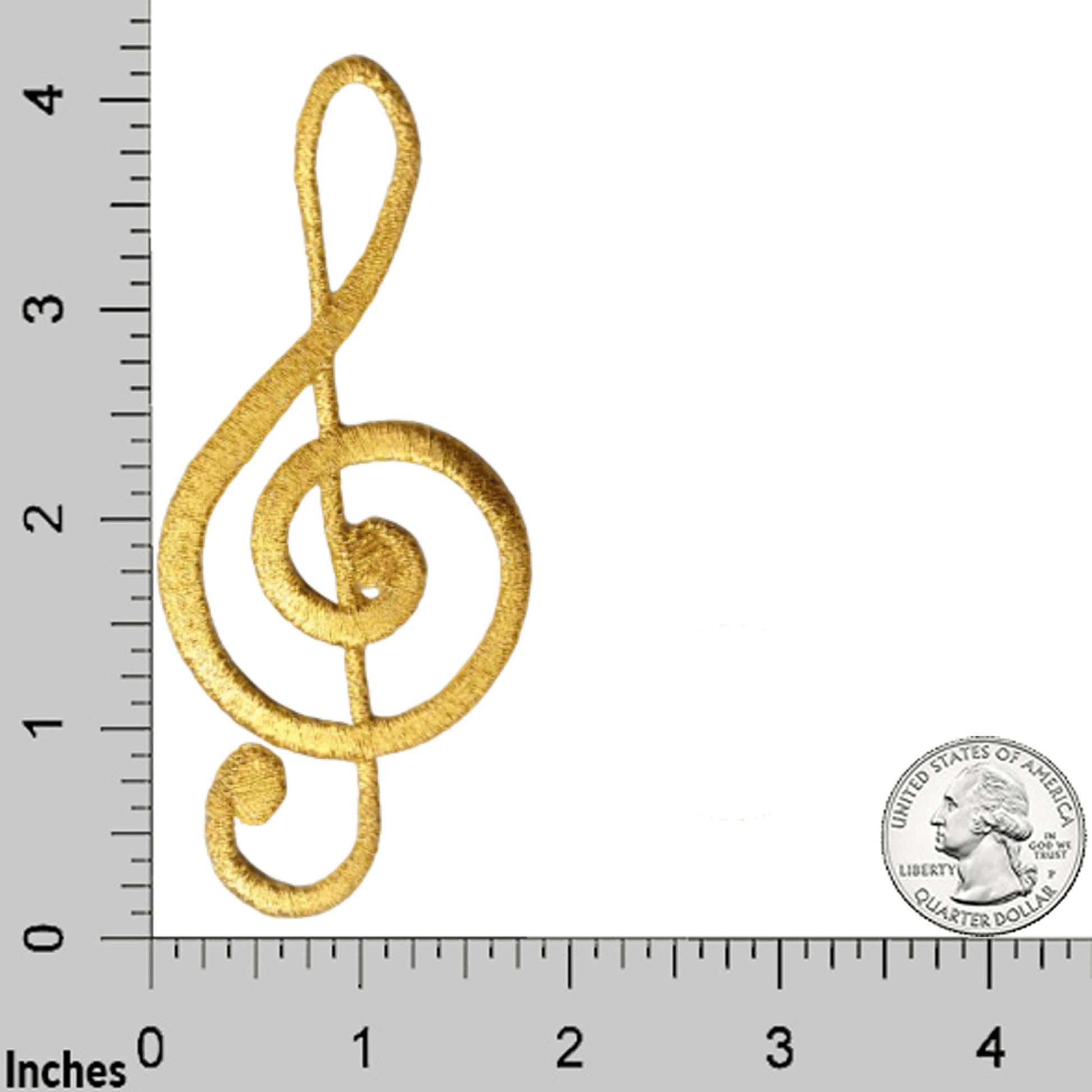 The Laughing Lizards Metallic Gold Treble Clef (3-Pack) Iron On Patch: Large is shown beside a ruler and U.S. quarter for scale, measuring approximately 4 inches tall.