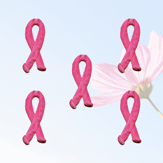 Five Breast Cancer Patches (5-Pack) Awareness Embroidered Iron On Patch Applique 2" with a flower in the background.