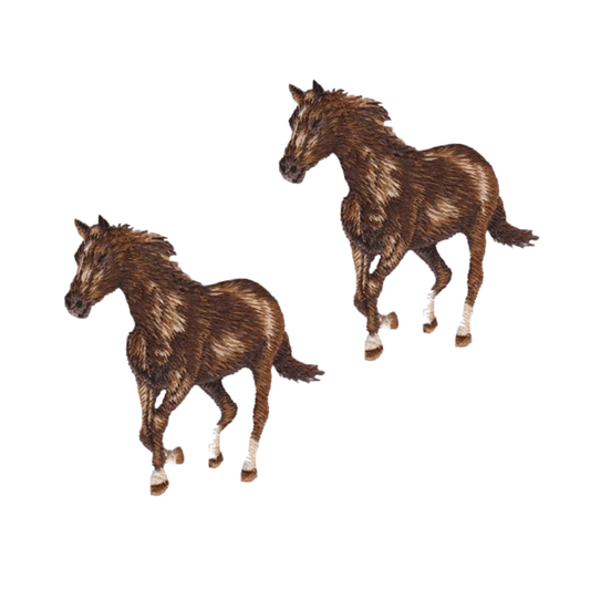 The Laughing Lizards Realistic Horse Embroidered Iron On Patch 2-Pack features two brown horses with white hooves in a lifelike patch style on a white background.