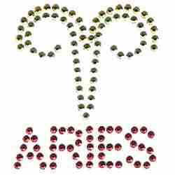 A Aries Zodiac Sign Rhinestud Iron On Applique with rhinestones and the word aries.