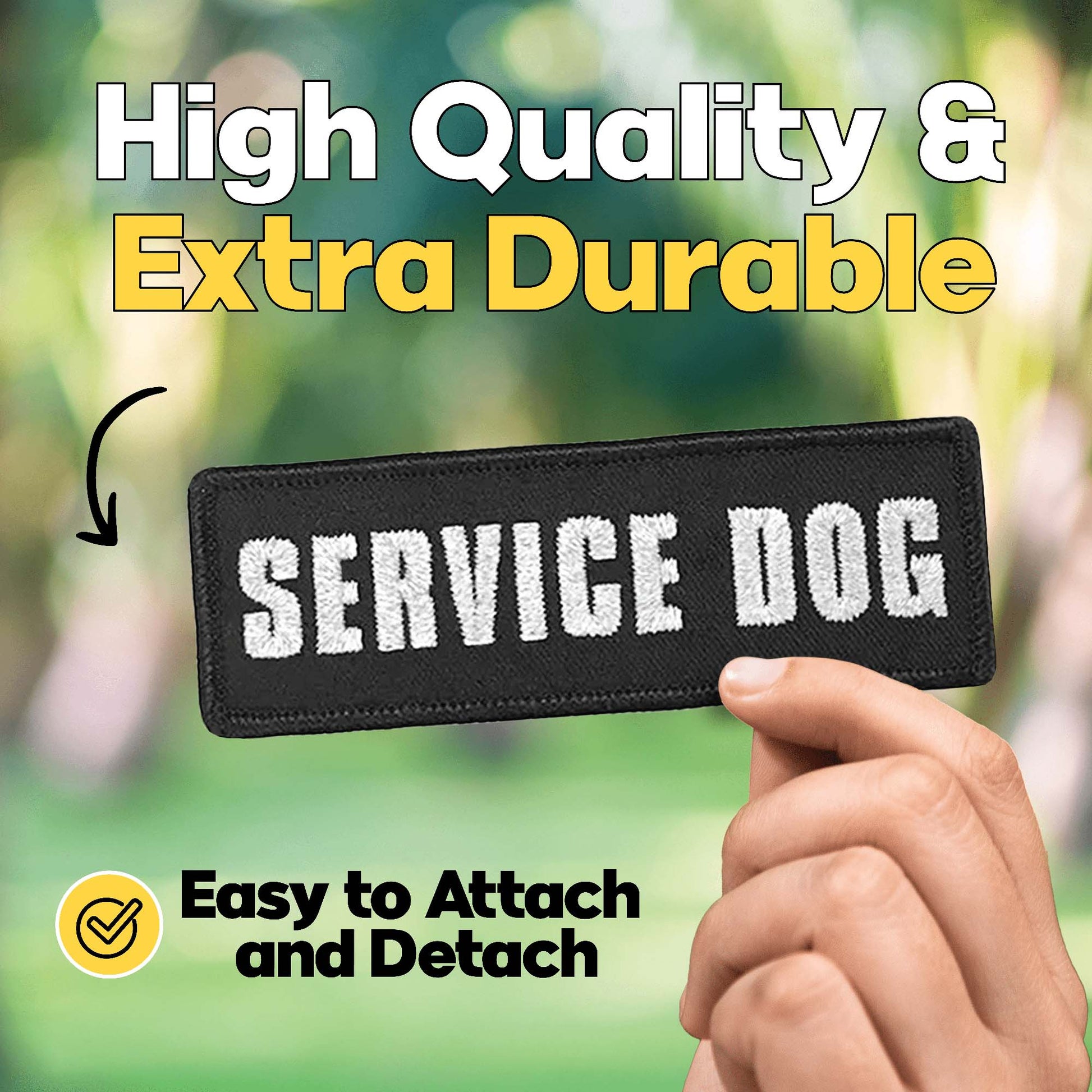High quality & extra durable Service Dog Patches (2-Pack) Highly Reflective Embroidered Hook and Loop Patches for Dog Vest or Harness easy to attach and detach.