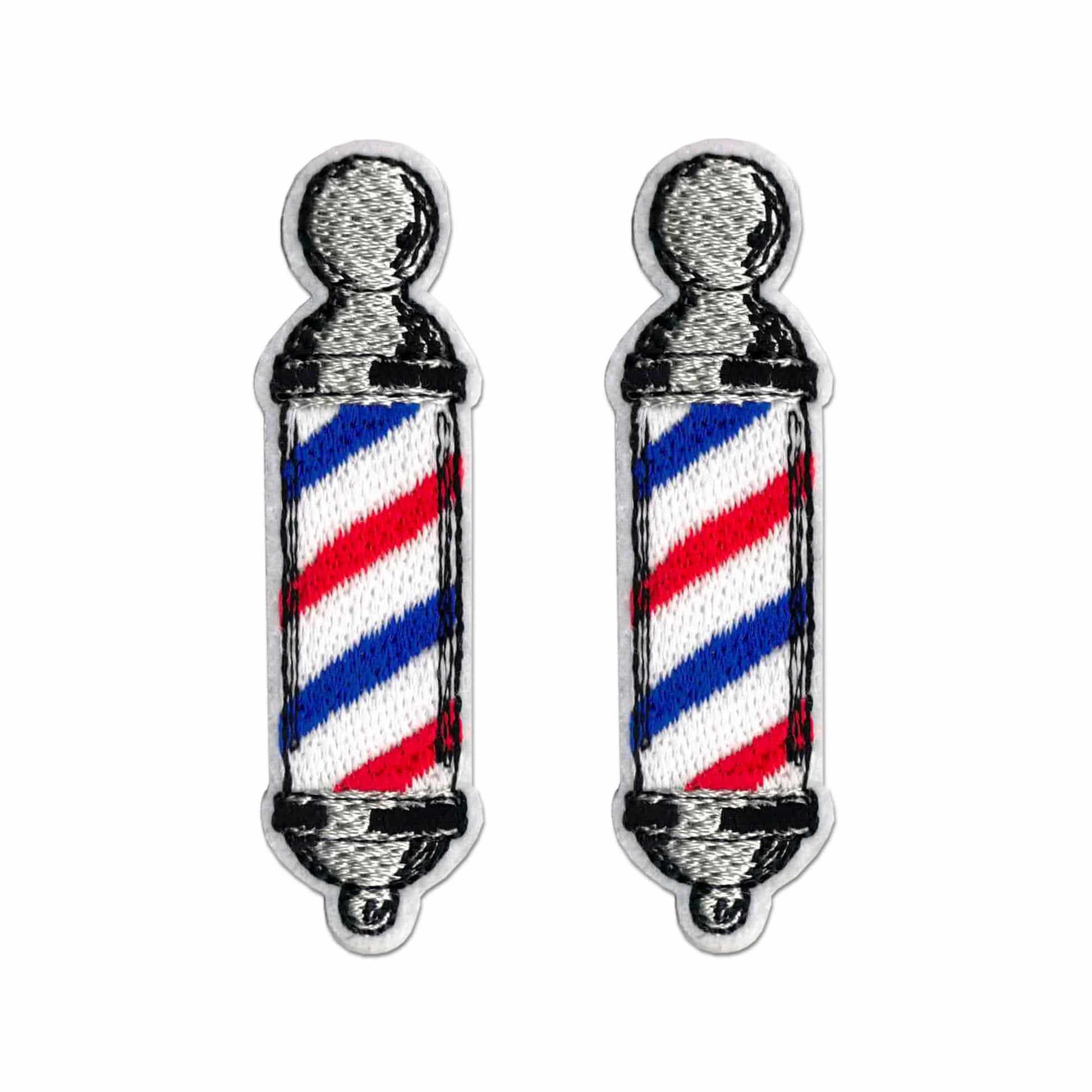Laughing Lizards Barber's Pole (2-Pack) Embroidered Iron on Patch Applique features red, white, and blue striped designs with silver ends—ideal for DIY projects or as unique accessories. Shown on a white background.