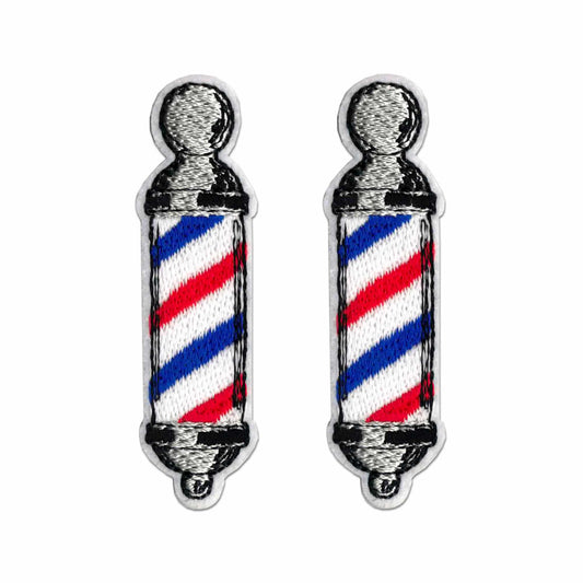 Laughing Lizards Barber's Pole (2-Pack) Embroidered Iron on Patch Applique features red, white, and blue striped designs with silver ends—ideal for DIY projects or as unique accessories. Shown on a white background.