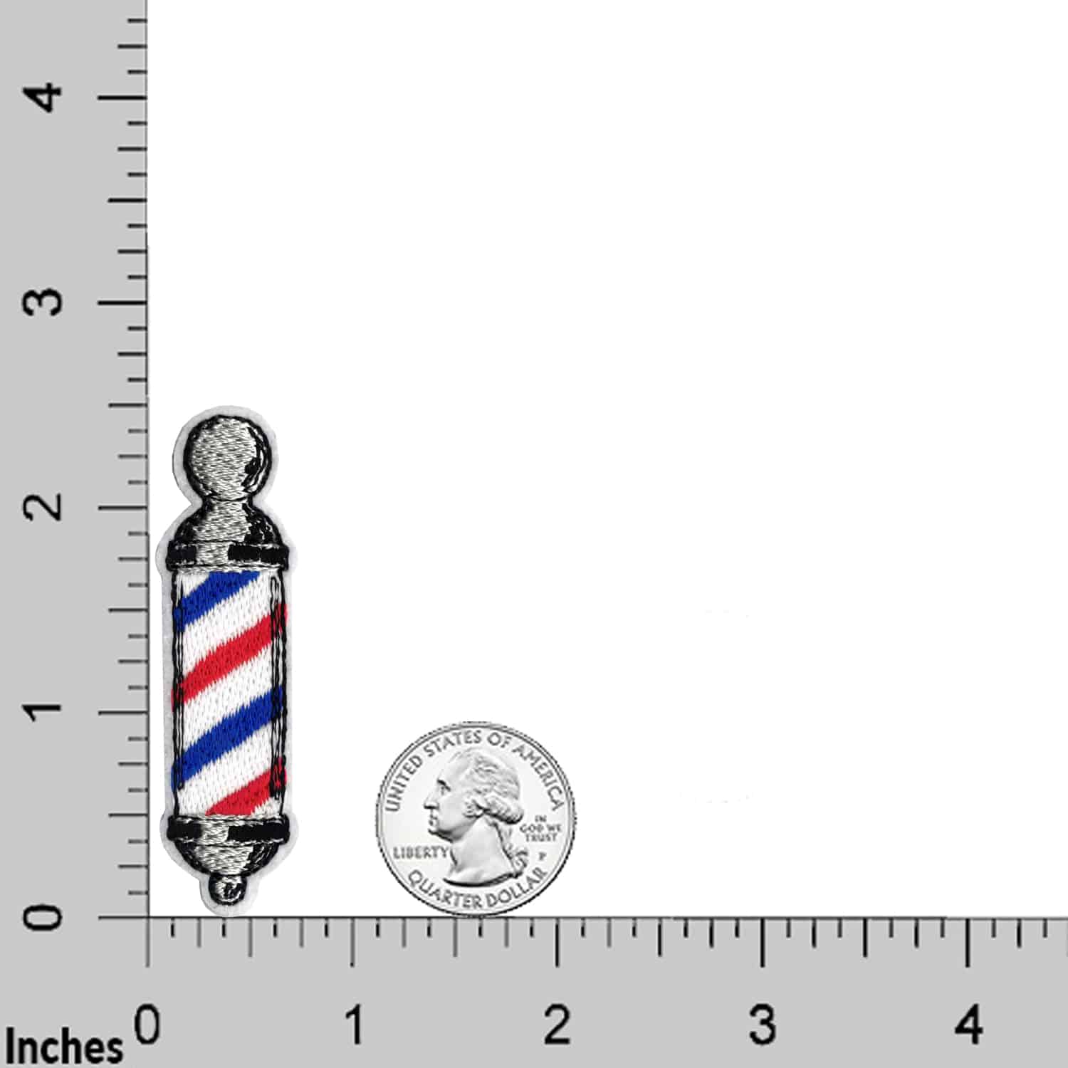 Laughing Lizards Barber's Pole (2-Pack) Embroidered Iron on Patch Applique shown beside a U.S. quarter on a marked grid—ideal for DIY projects or as a stylish accent.