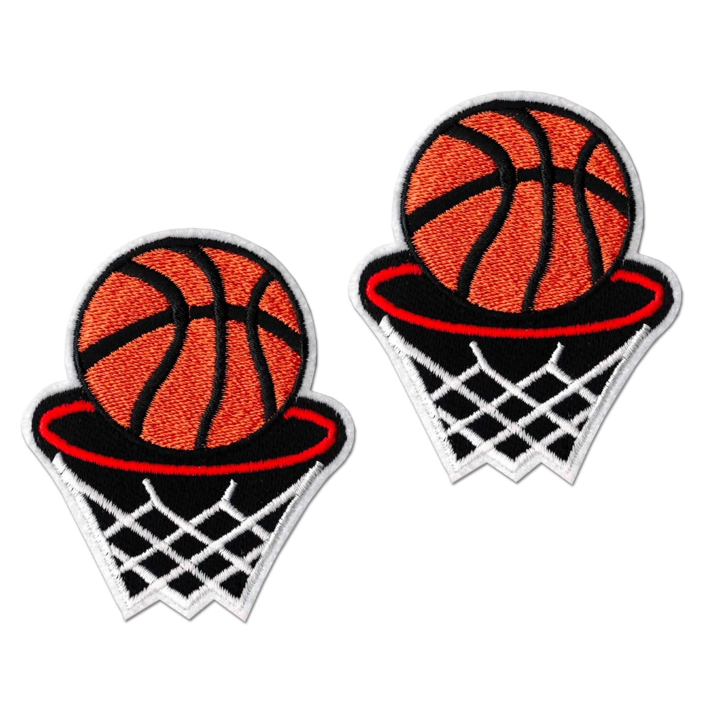Laughing Lizards Basketball Hoop (2-Pack) Embroidered Iron on Patch Applique features two patches showing a basketball going through a hoop, perfect for DIY crafts. Each iron-on patch is displayed on a white background.