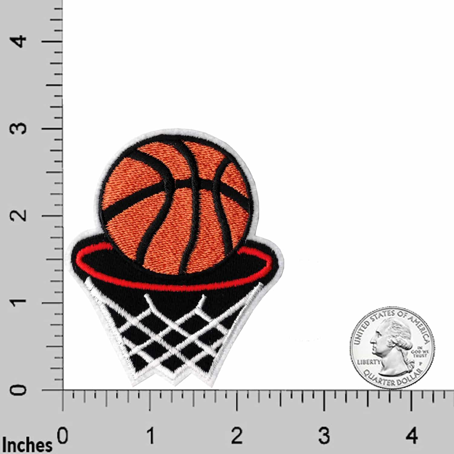 The Laughing Lizards Basketball Hoop (2-Pack) Embroidered Iron on Patch Applique shows a basketball going through a hoop—ideal for DIY crafts, with size comparison next to a ruler and U.S. quarter.