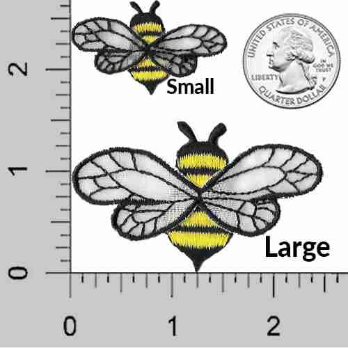 Embroidered bees on a Bee Patches with Chiffon Wings (5 Pack) Insect Embroidered Iron on Patch Appliques with a small bee and a large bee.