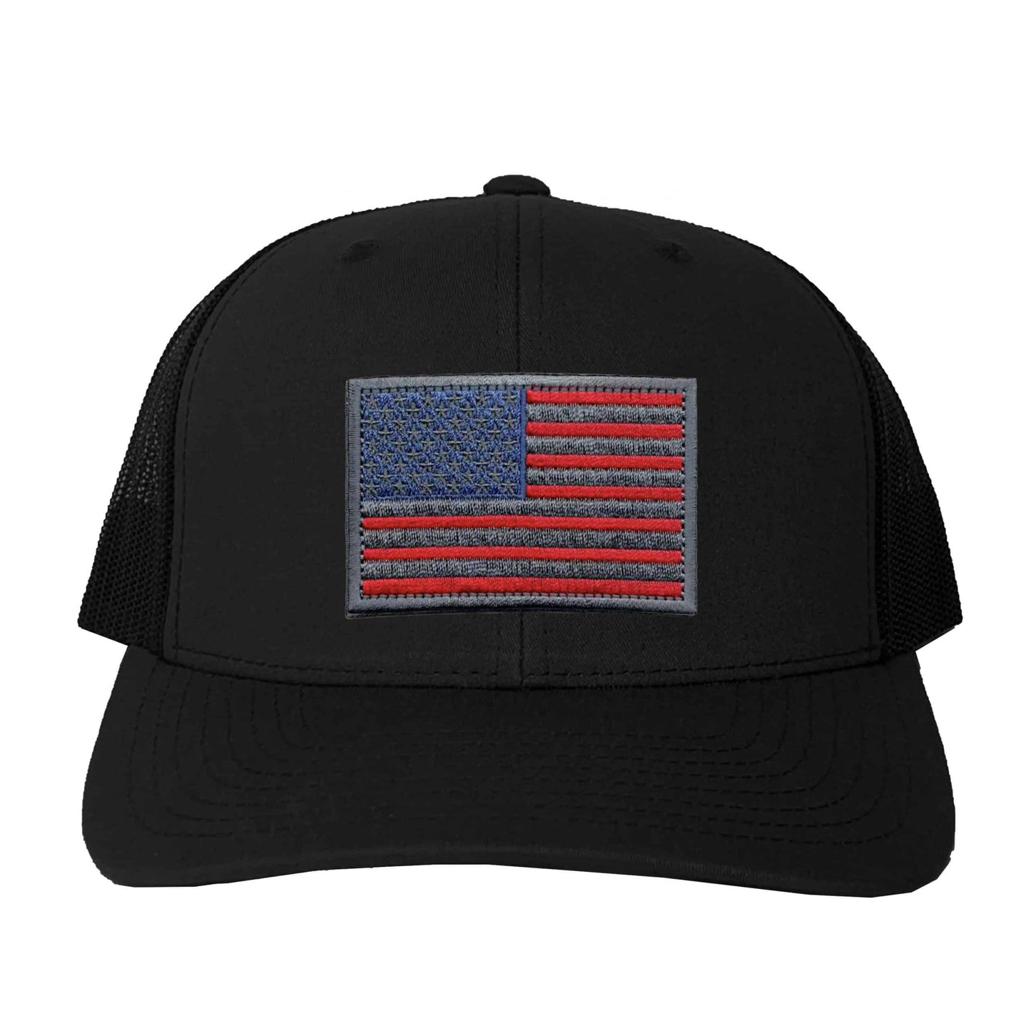 A black hat with the USA Flag Patches (2-Pack) American Flag Embroidered Iron On Patch Appliques on it.