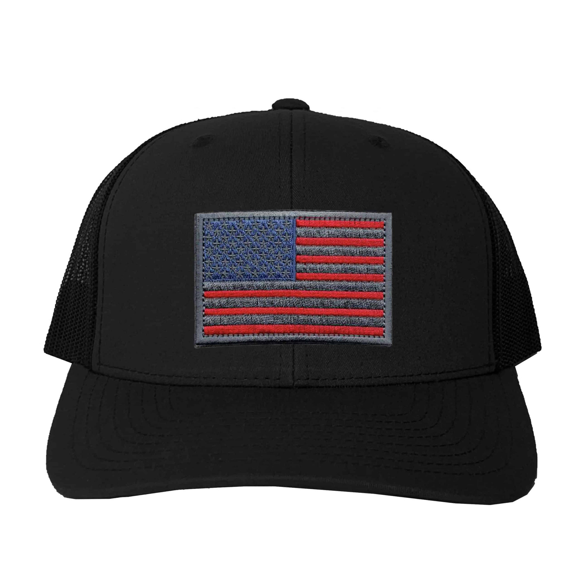 A black hat with the USA Flag Patches (2-Pack) American Flag Embroidered Iron On Patch Appliques on it.