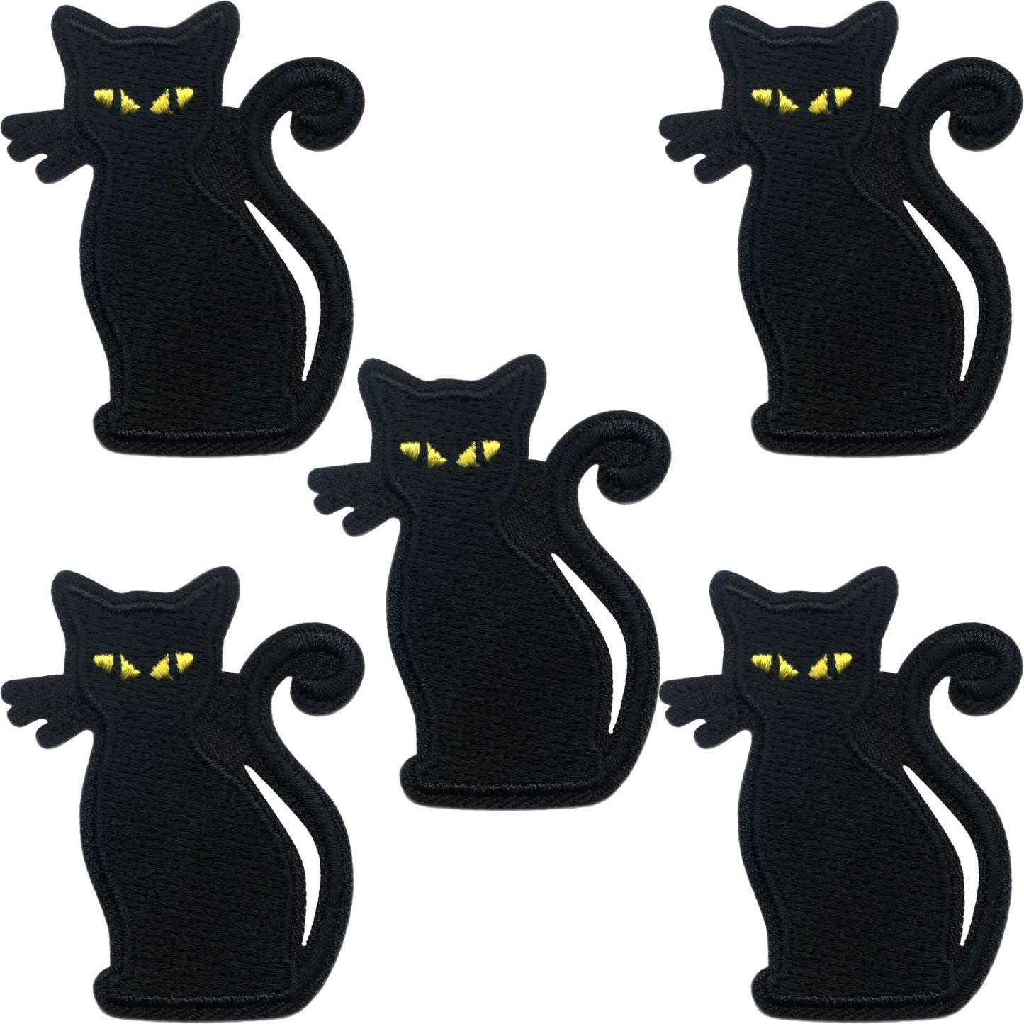Five Laughing Lizards Black Cat Patches (5-Pack) Halloween Embroidered Iron On Appliques with yellow eyes are arranged on a white background, ideal for adding a spooky touch to your Halloween décor.