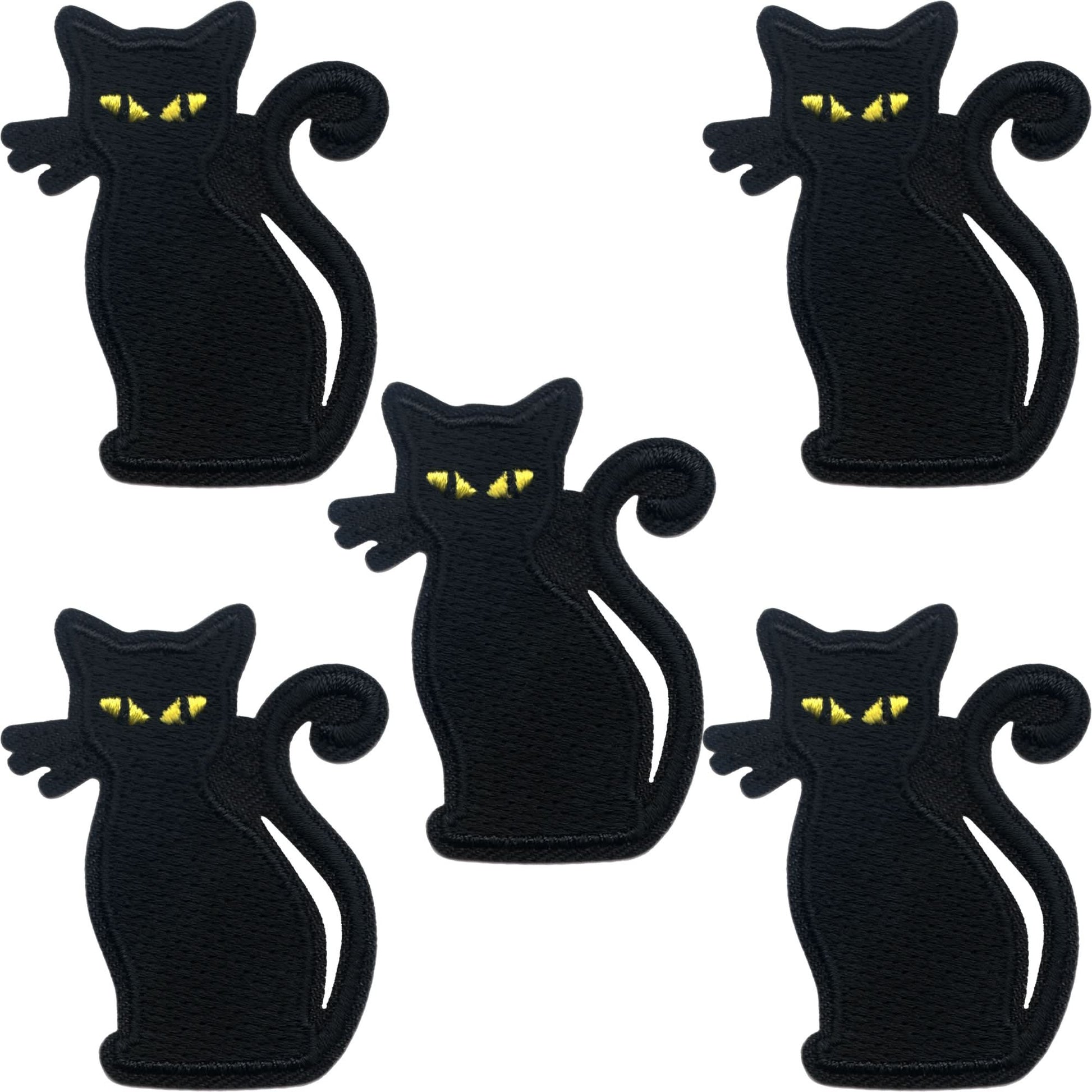 Five Laughing Lizards Black Cat Patches (5-Pack) Halloween Embroidered Iron On Appliques with yellow eyes are arranged on a white background, ideal for adding a spooky touch to your Halloween décor.