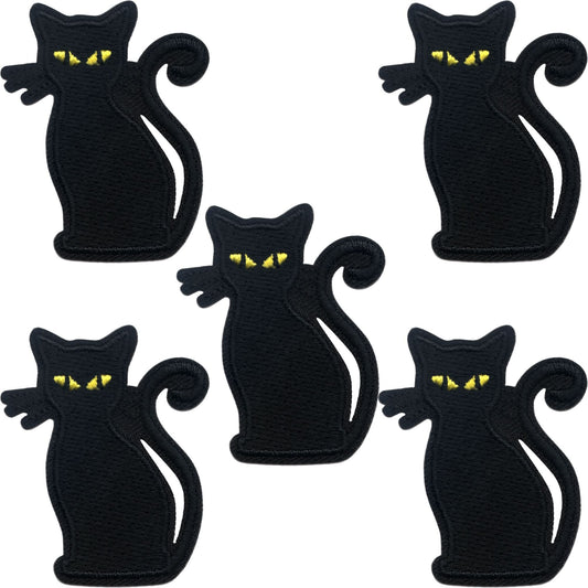 Five Laughing Lizards Black Cat Patches (5-Pack) Halloween Embroidered Iron On Appliques with yellow eyes are arranged on a white background, ideal for adding a spooky touch to your Halloween décor.