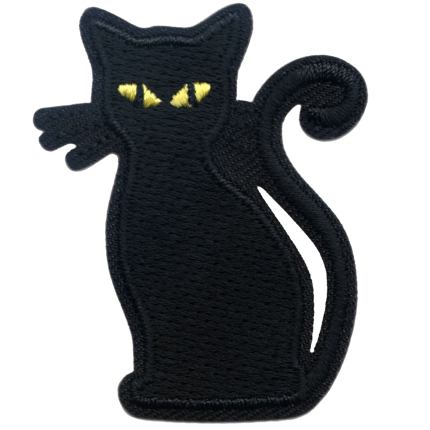 Laughing Lizards Black Cat Patches (5-Pack) are embroidered iron-on appliques, featuring side-view black cats with yellow eyes and curled tails—ideal Halloween decorations for outfits or accessories.