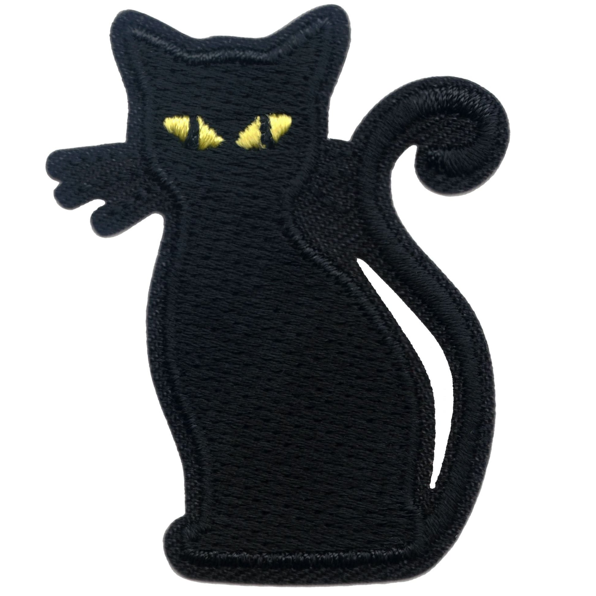 Laughing Lizards Black Cat Patches (5-Pack) are embroidered iron-on appliques, featuring side-view black cats with yellow eyes and curled tails—ideal Halloween decorations for outfits or accessories.