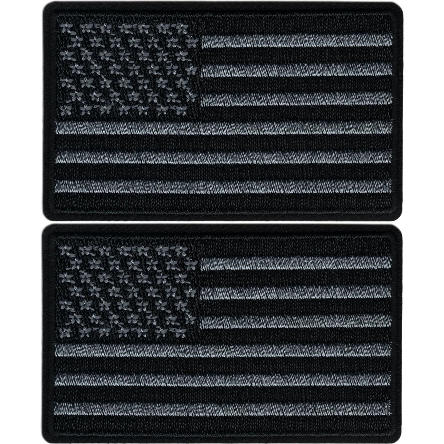 The Laughing Lizards Black & Gray USA Flag Patches 2-Pack features embroidered American flag iron-on appliques—perfect patriotic additions for any collection.