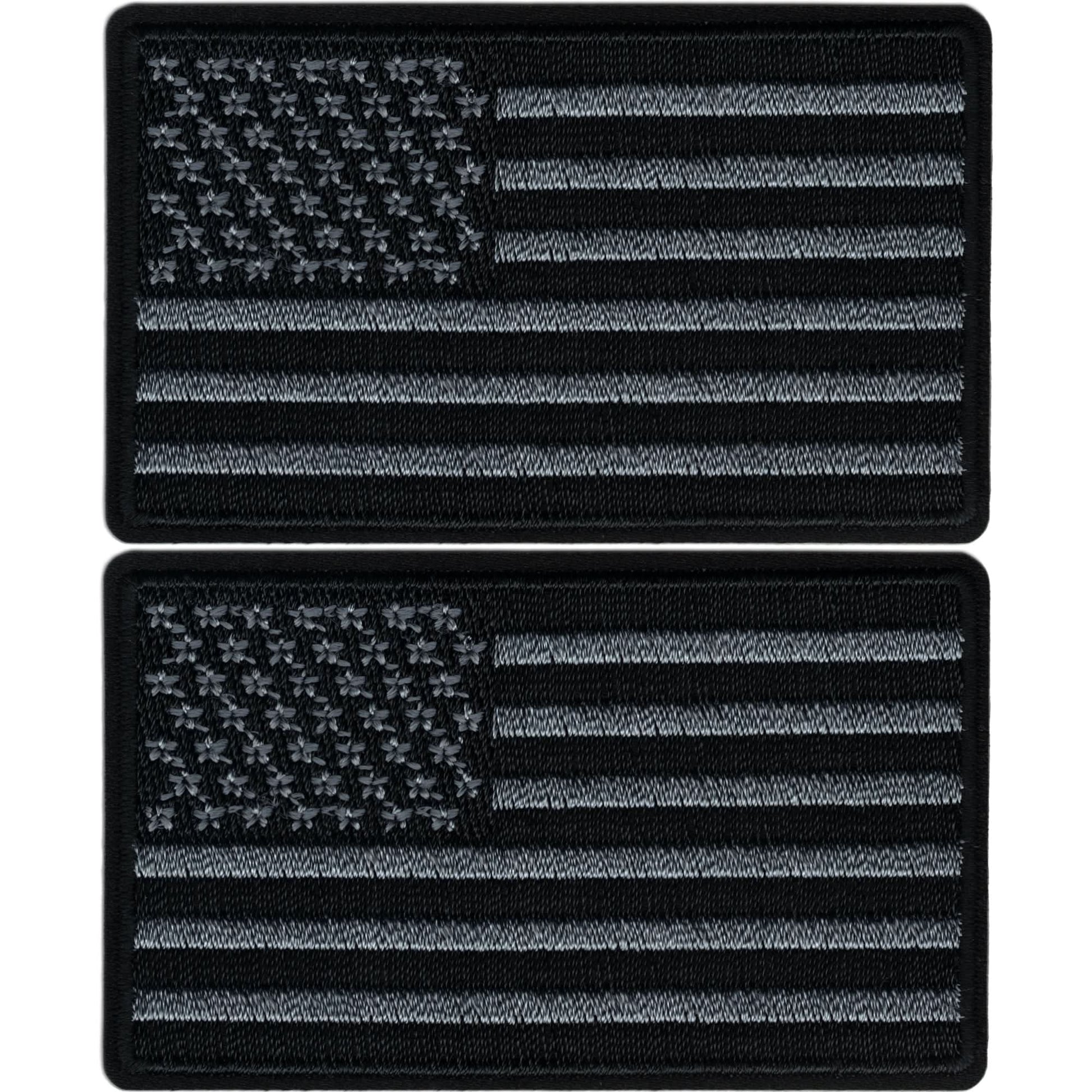 The Laughing Lizards Black & Gray USA Flag Patches 2-Pack features embroidered American flag iron-on appliques—perfect patriotic additions for any collection.