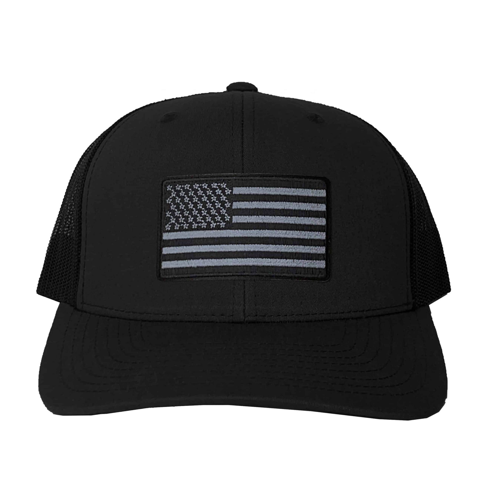 A black trucker hat with the USA Flag Patches (2-Pack) American Flag Embroidered Iron On Patch Appliques on it.