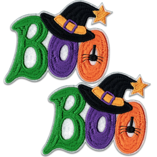 Set of two Laughing Lizards Halloween BOO Patches (2-Pack) features embroidered green, purple, and orange letters with a witch hat on the "B" and a spider on the second "O." Easily iron on for costumes or Halloween decor!.