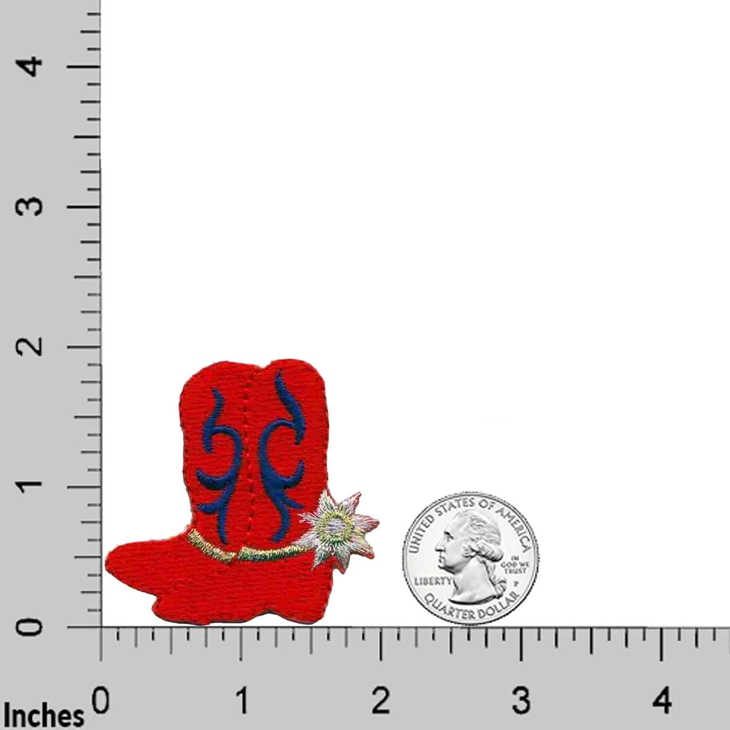 A red Boots Patches (3-Pack) Western Embroidered Iron on Patch Applique with a coin next to it.