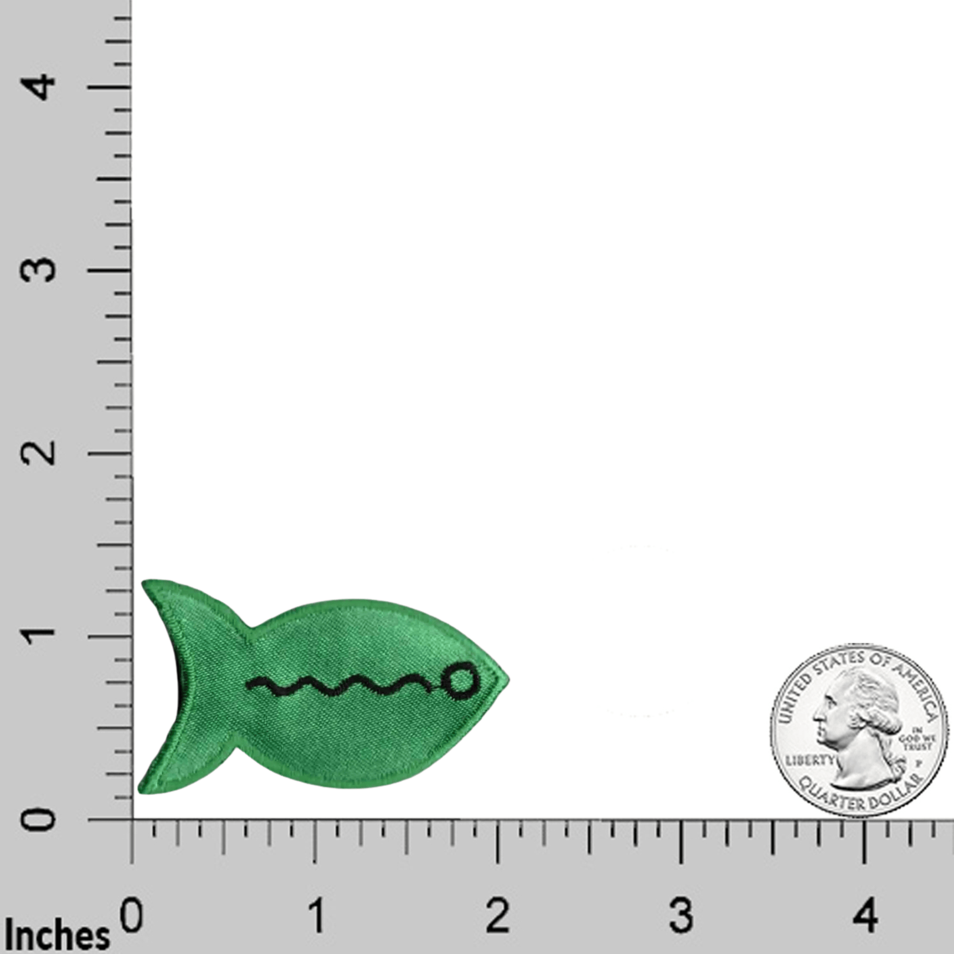 The Laughing Lizards Brightly Colored Fish in GREEN (3-Pack) Iron On Patch sits next to a US quarter and an inch ruler for scale—ideal embroidered patches for your next DIY craft project.