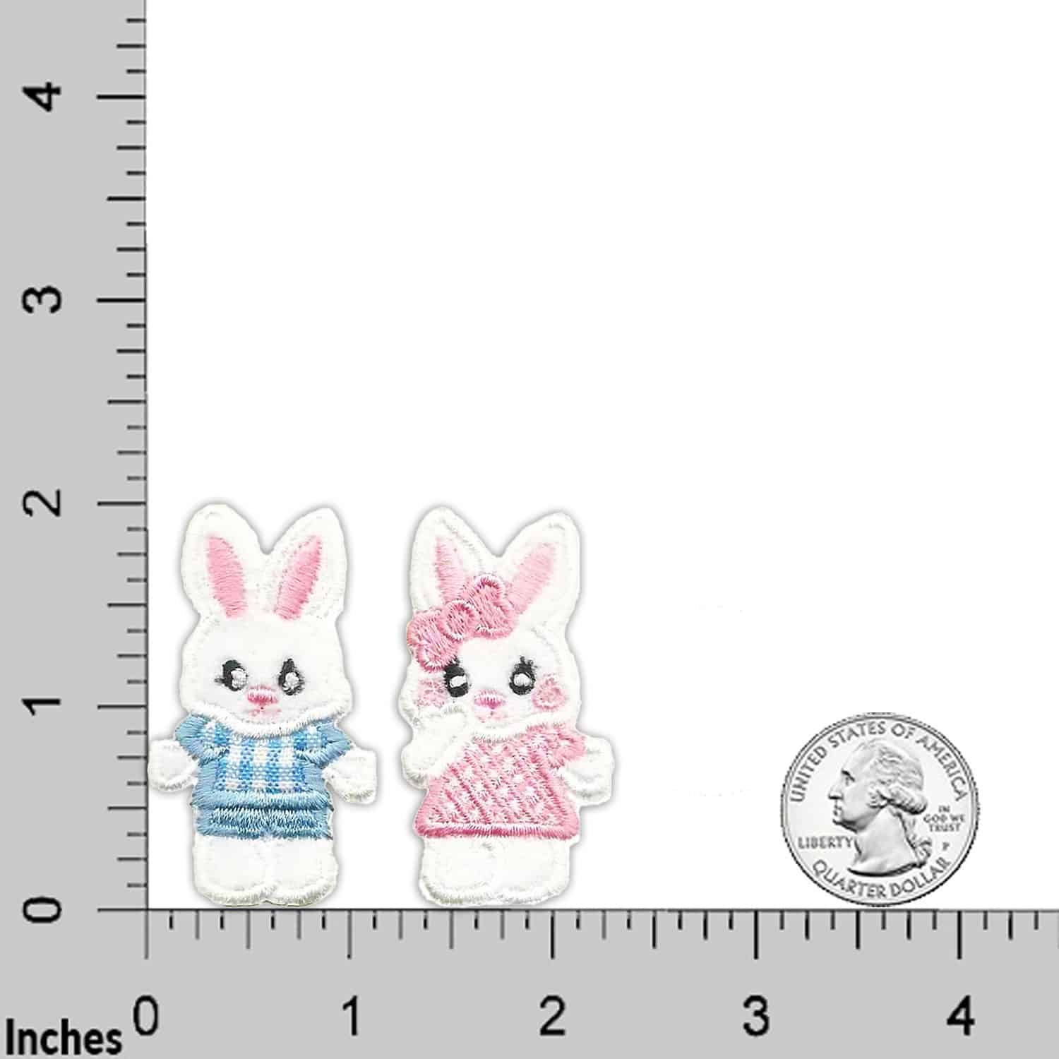 Two Bunny Patches (4-Pack) Easter Embroidered Iron on Patch Appliques on a ruler.