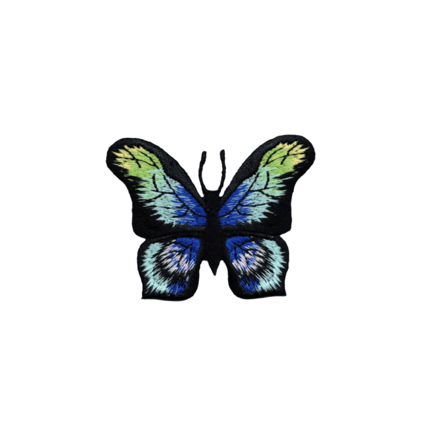 The Laughing Lizards Butterfly Blue Morpho-like Iron On Patch (3-Pack) features embroidered black, blue, green, and yellow wings on a white background—ideal for adding vibrant detail to your projects.