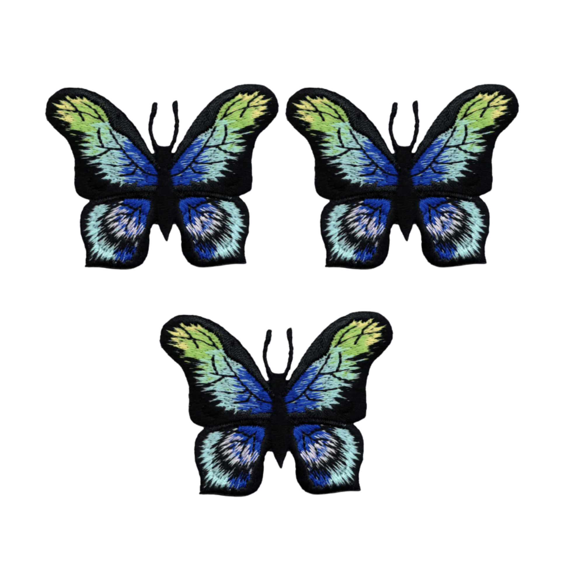 The Laughing Lizards Butterfly Blue Morpho-like Iron On Patch 3-Pack features three embroidered butterfly patches in black, blue, green, and yellow, arranged in a triangle on a white background.
