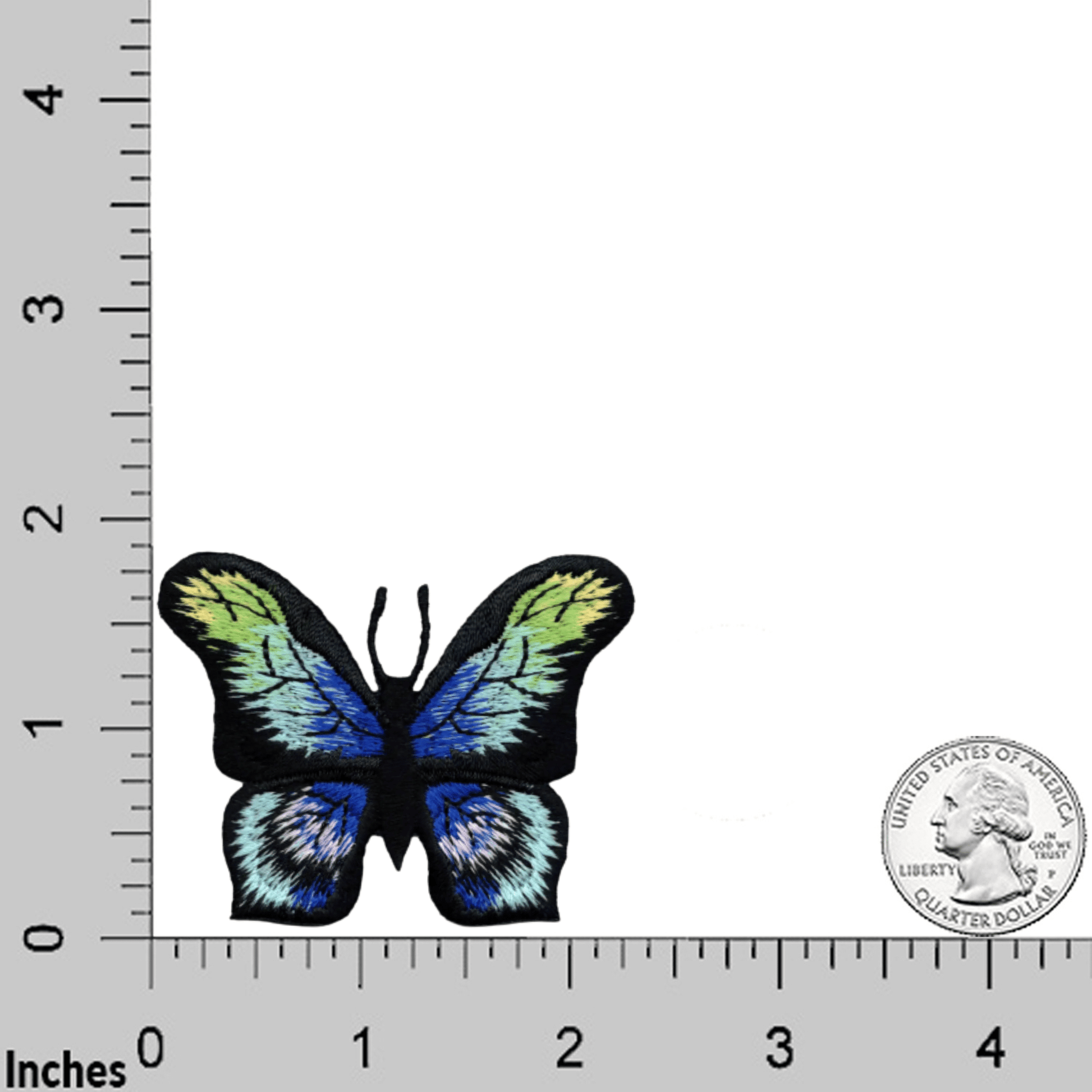 Laughing Lizards Butterfly Blue Morpho-like Iron On Patch (3-Pack) features blue, green, and black embroidery. Shown next to a U.S. quarter and ruler for size reference.