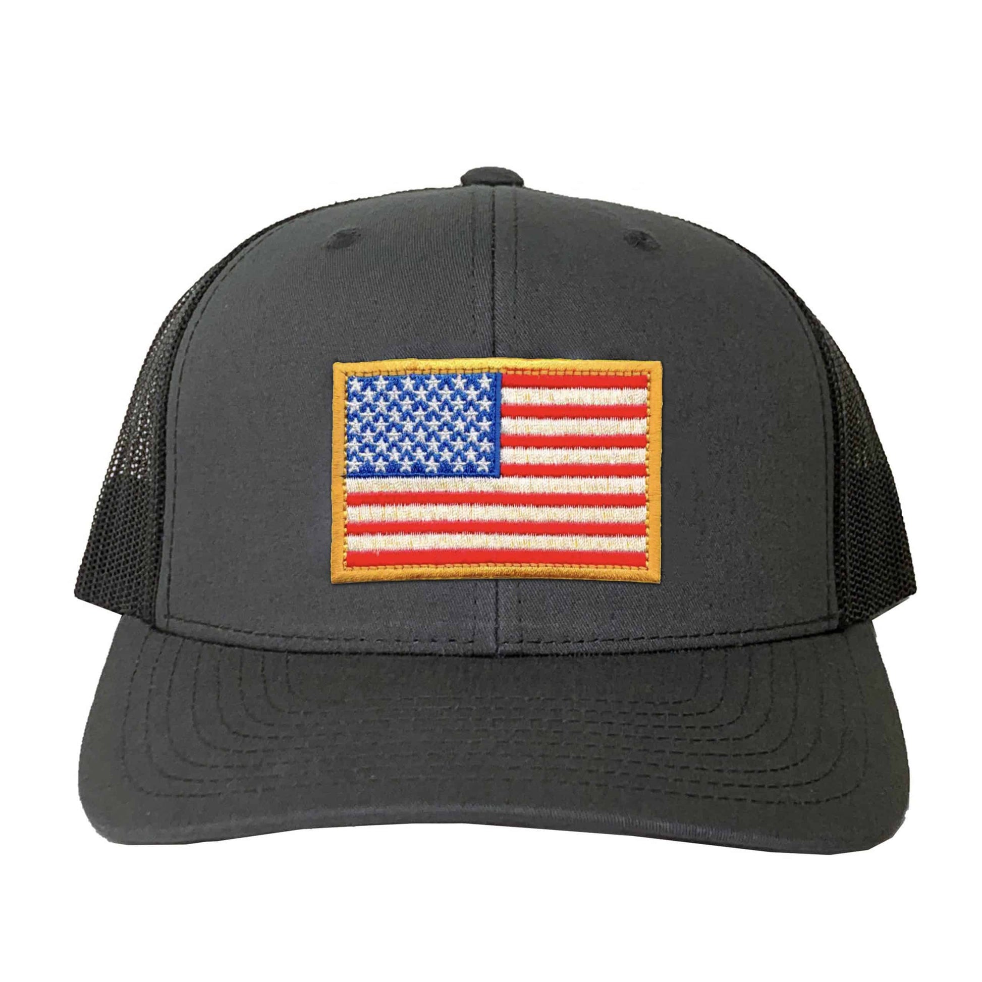 A black trucker hat with USA Flag Patches (2-Pack) American Flag Embroidered Iron On Patch Appliques on it.