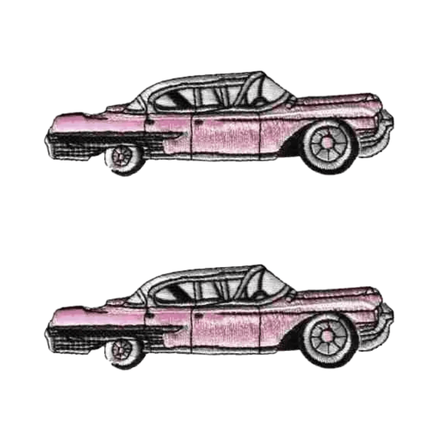 Two pink Cadillac Car iron-on patches by Laughing Lizards are displayed vertically on a plain white background. Available in a 2-pack, these vintage-style patches resemble classic Cadillacs and come in pink or black.