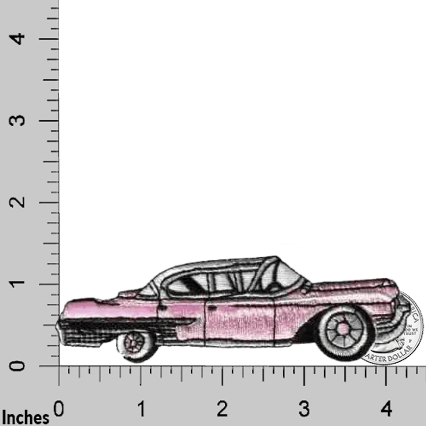 A small illustration shows the Laughing Lizards Cadillac Car (2-Pack) Iron On Patch in pink, styled like a classic car and measuring about 3.5 inches long, next to a ruler for size reference.