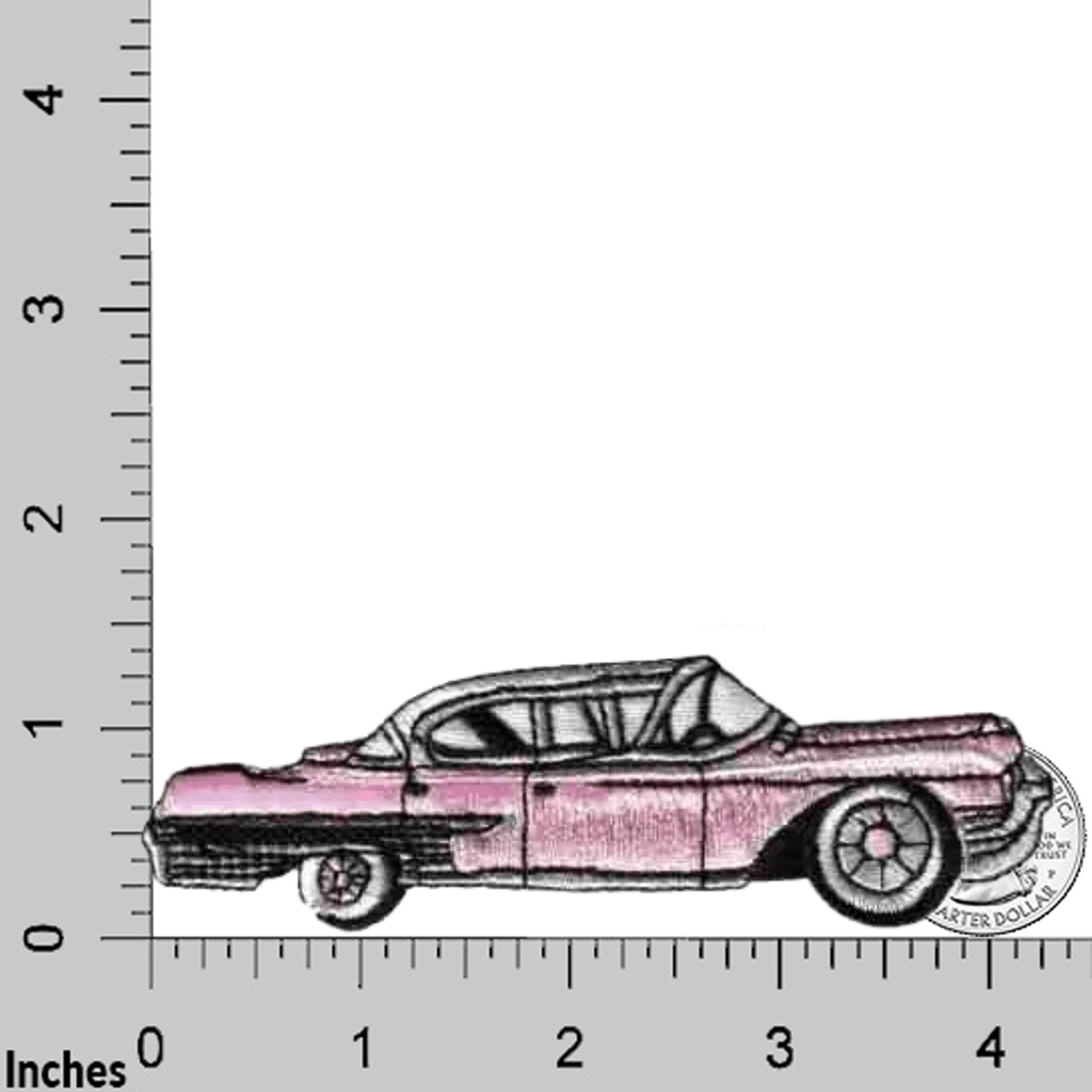 A small illustration shows the Laughing Lizards Cadillac Car (2-Pack) Iron On Patch in pink, styled like a classic car and measuring about 3.5 inches long, next to a ruler for size reference.