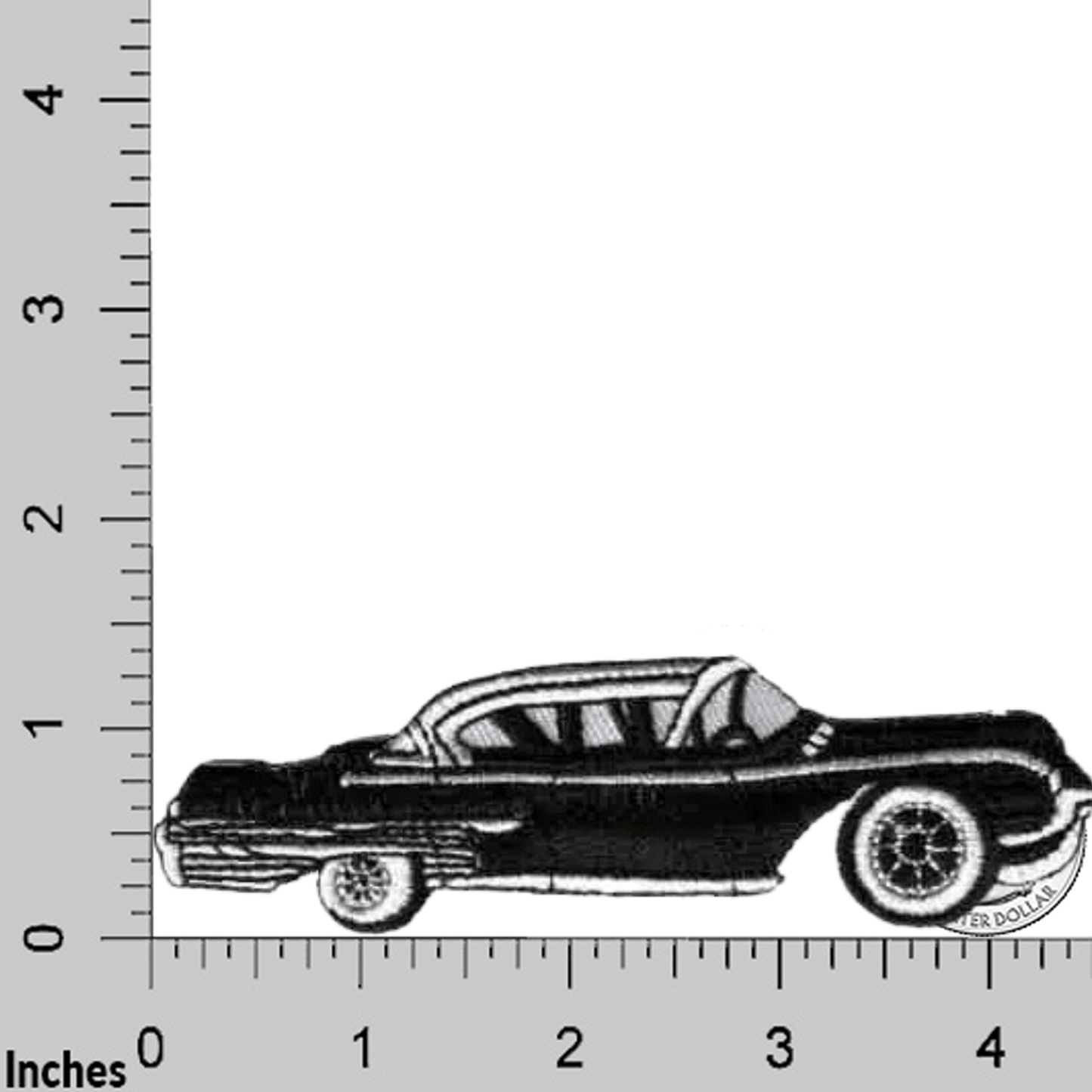 A black Cadillac car from Laughing Lizards’ 2-Pack Iron On Patch set is shown on a ruler background, illustrating the embroidered patch measures about 4 inches long.