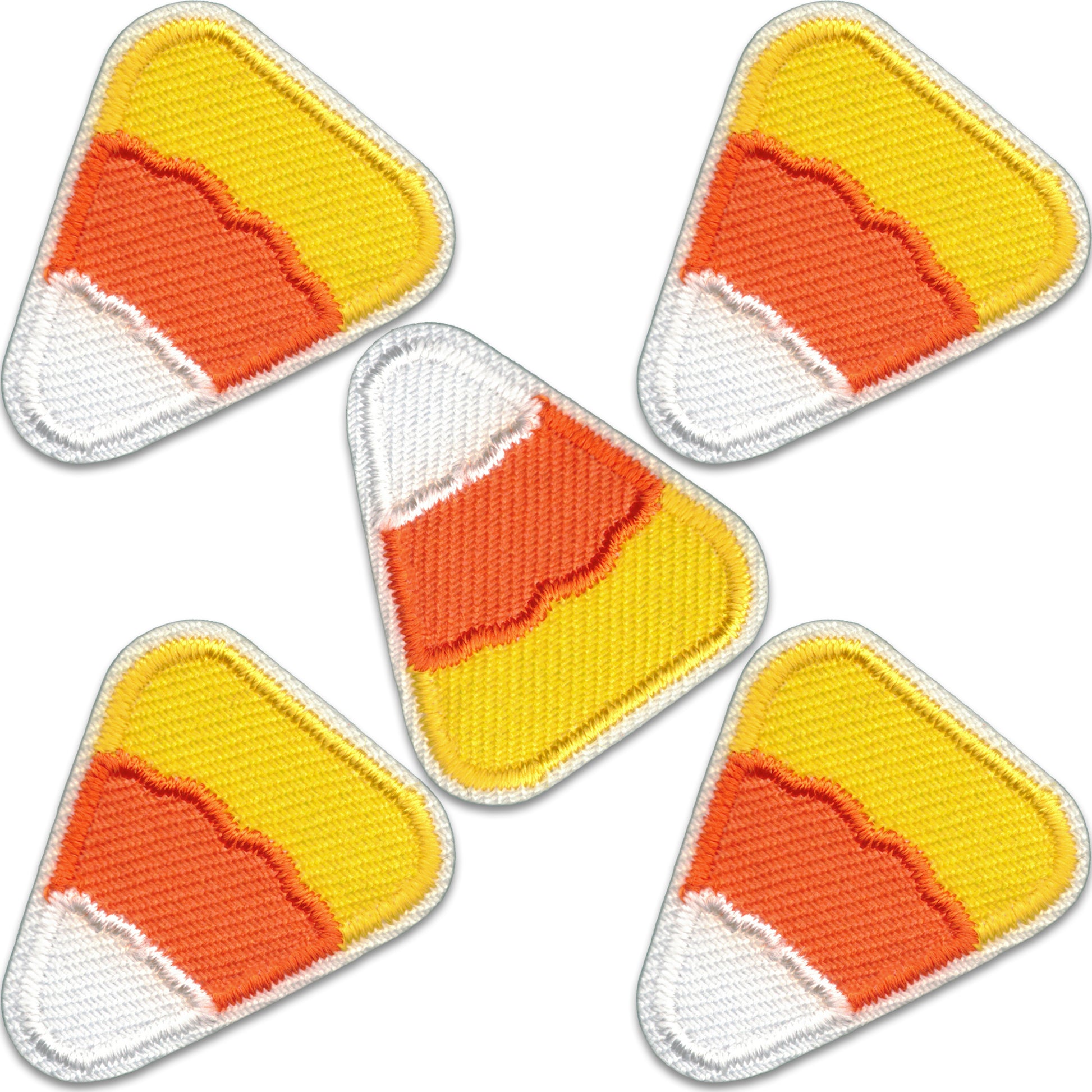 The Laughing Lizards Candy Corn Patches (5-Pack) are embroidered iron-on appliques, perfect for Halloween decorations or costumes.